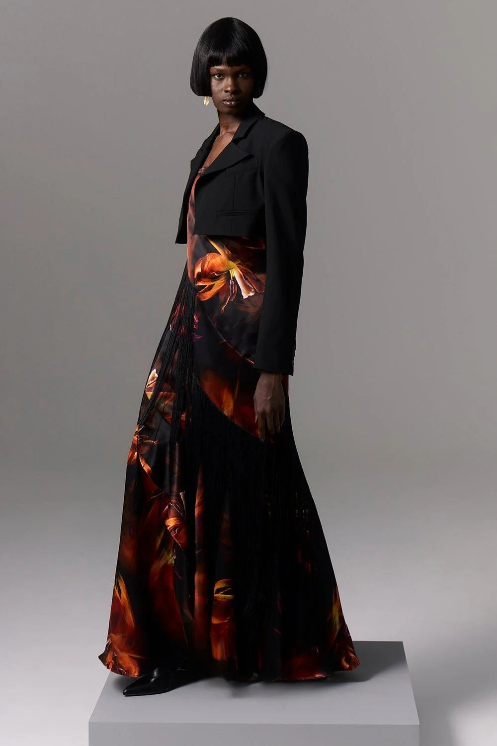 Floral Heavy Satin Panelled Fringed Woven Strappy Maxi Dress - 1