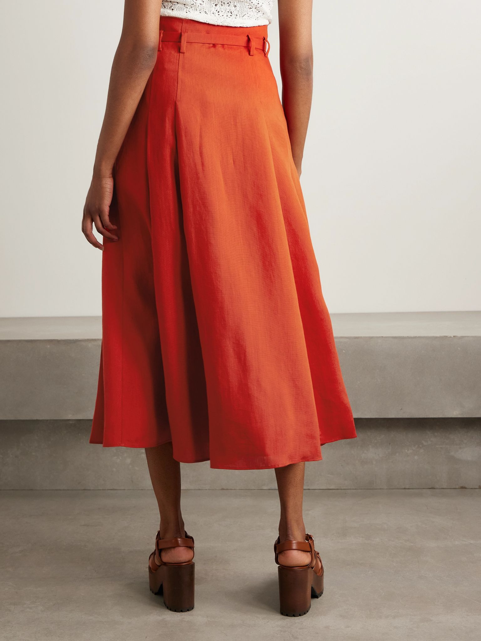 Dugald belted pleated linen midi skirt Orange - 3