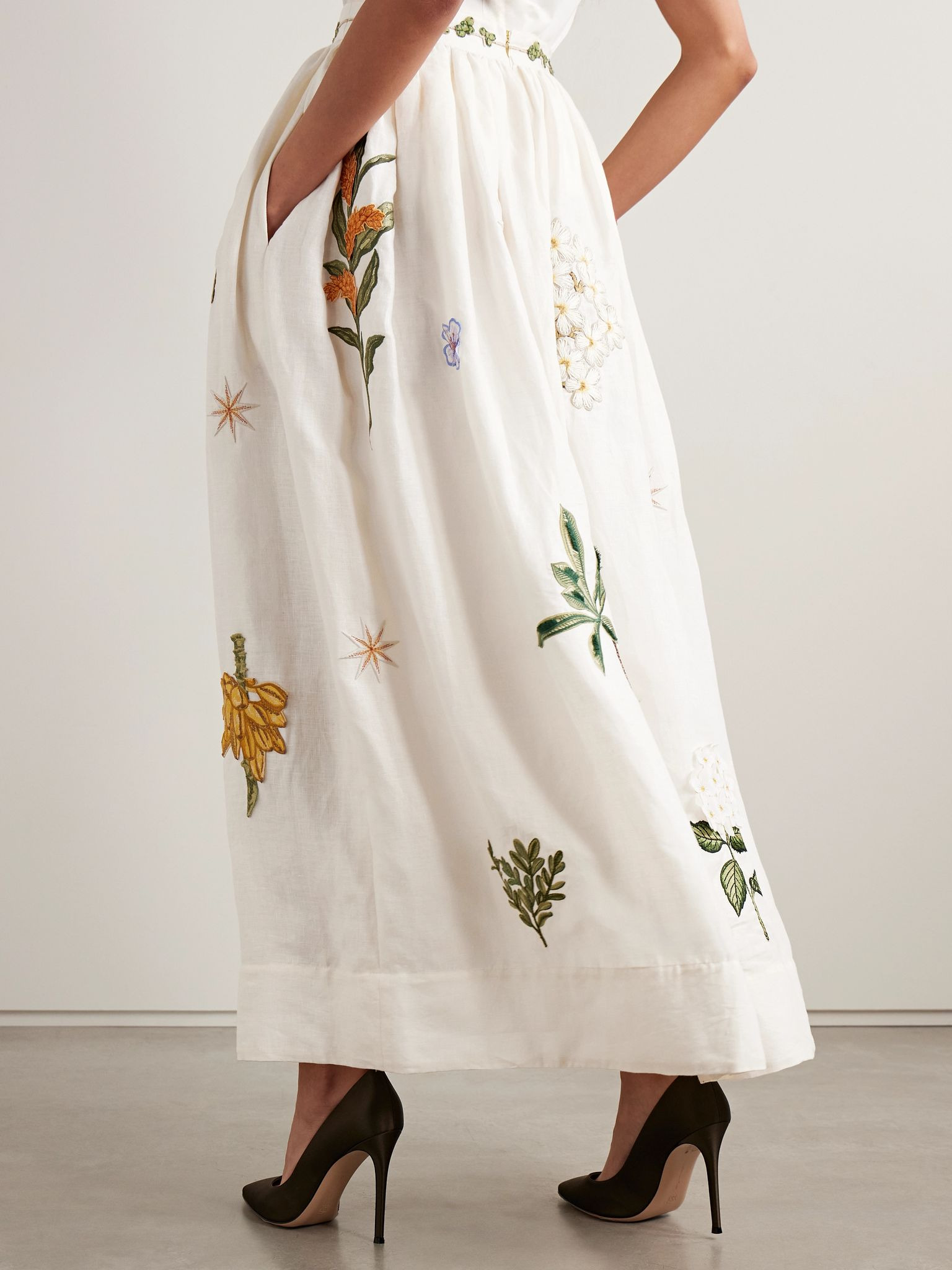 Tangelo appliquéd embroidered linen maxi skirt Cream - 3