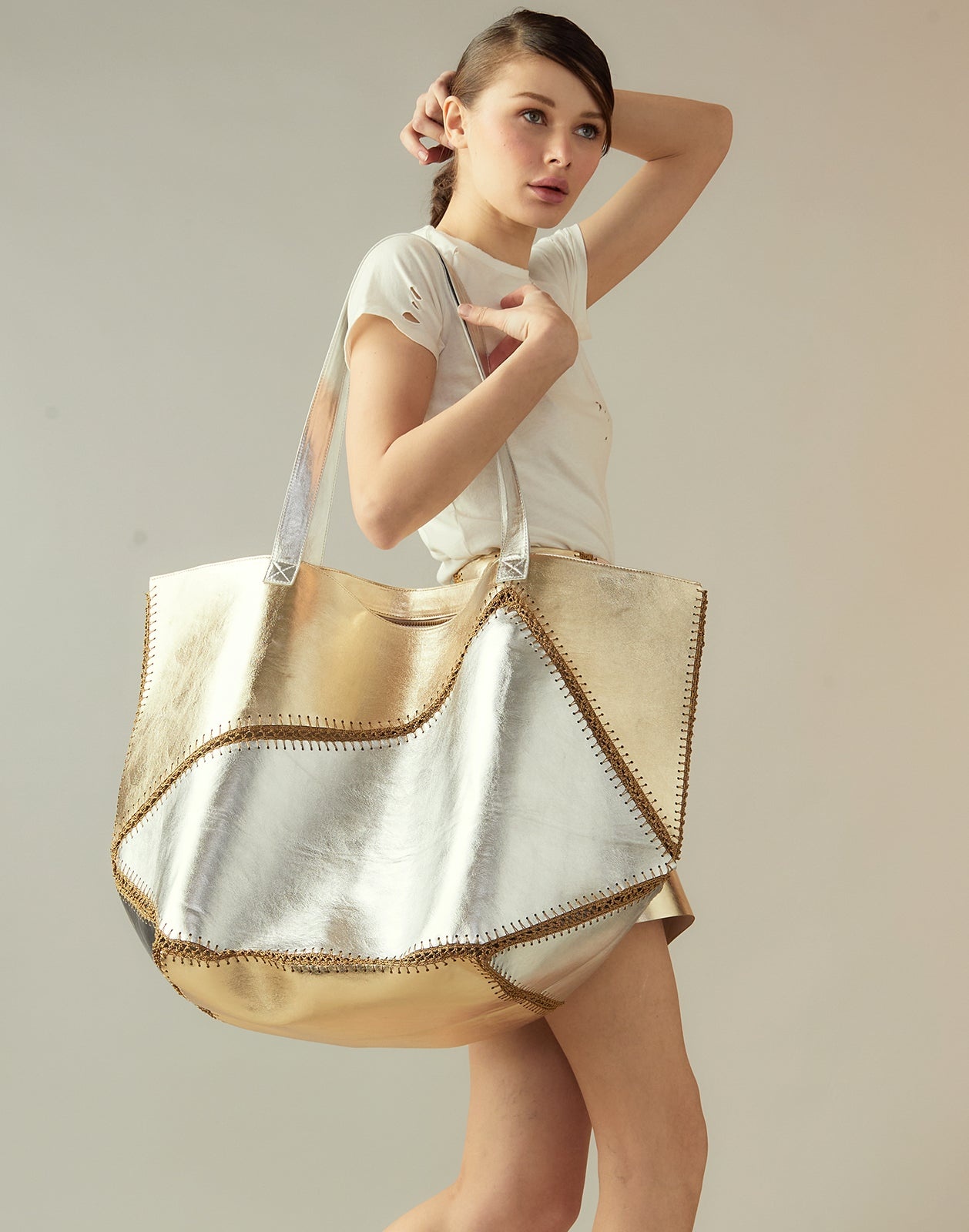 Mixed Metallic Vegan Leather Oversized Tote - 5