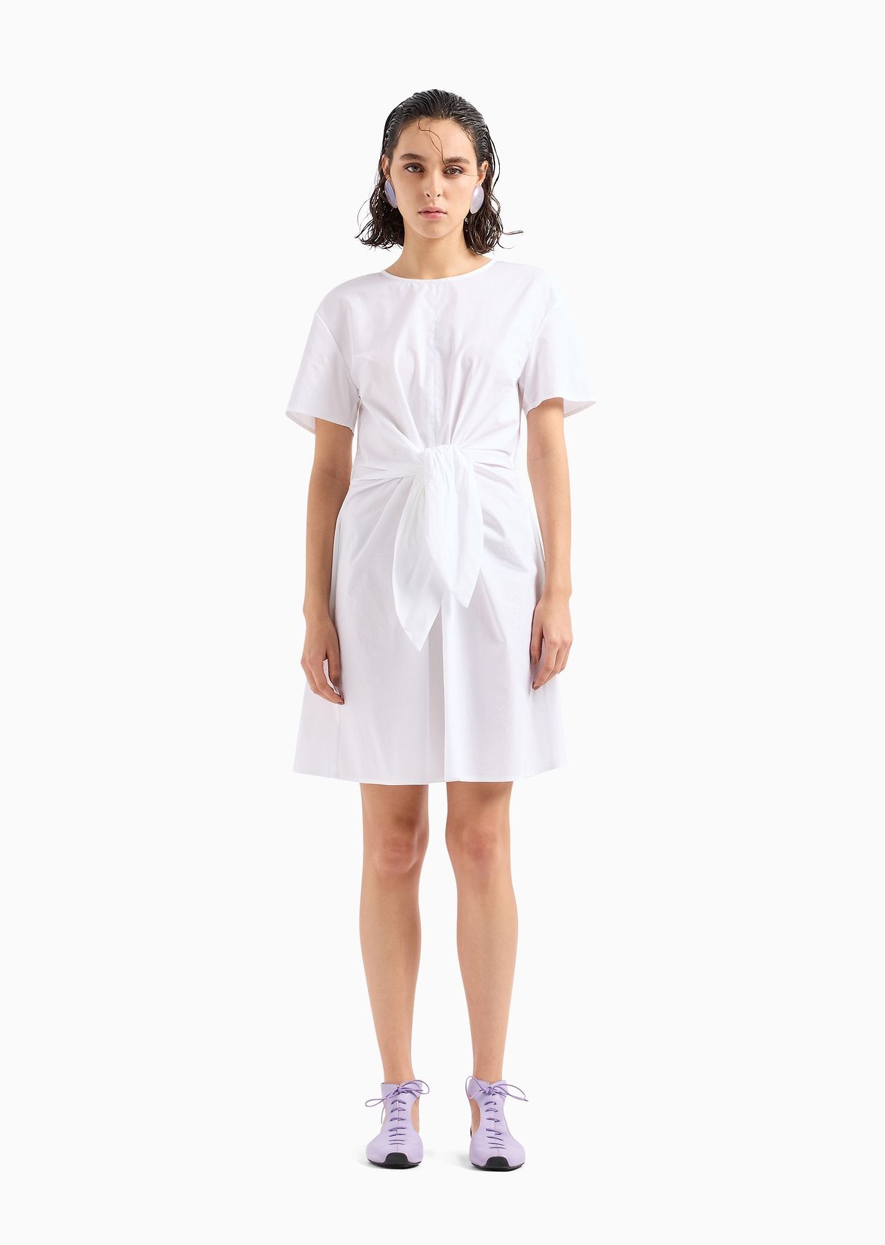 Short-sleeved poplin shirt dress with sash - 2