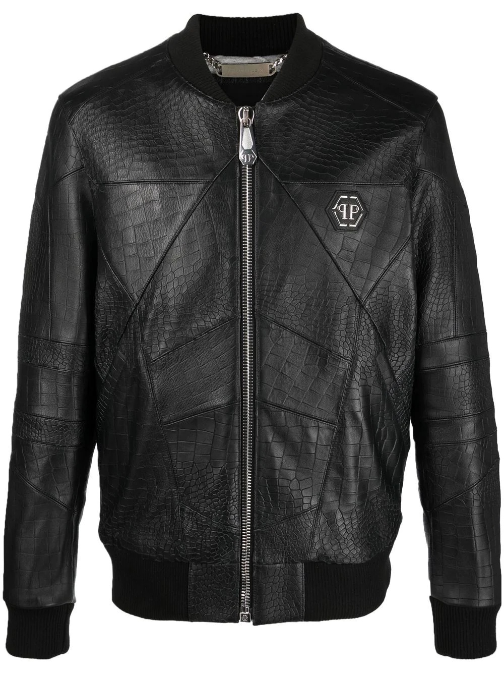 logo-plaque leather bomber jacket - 1