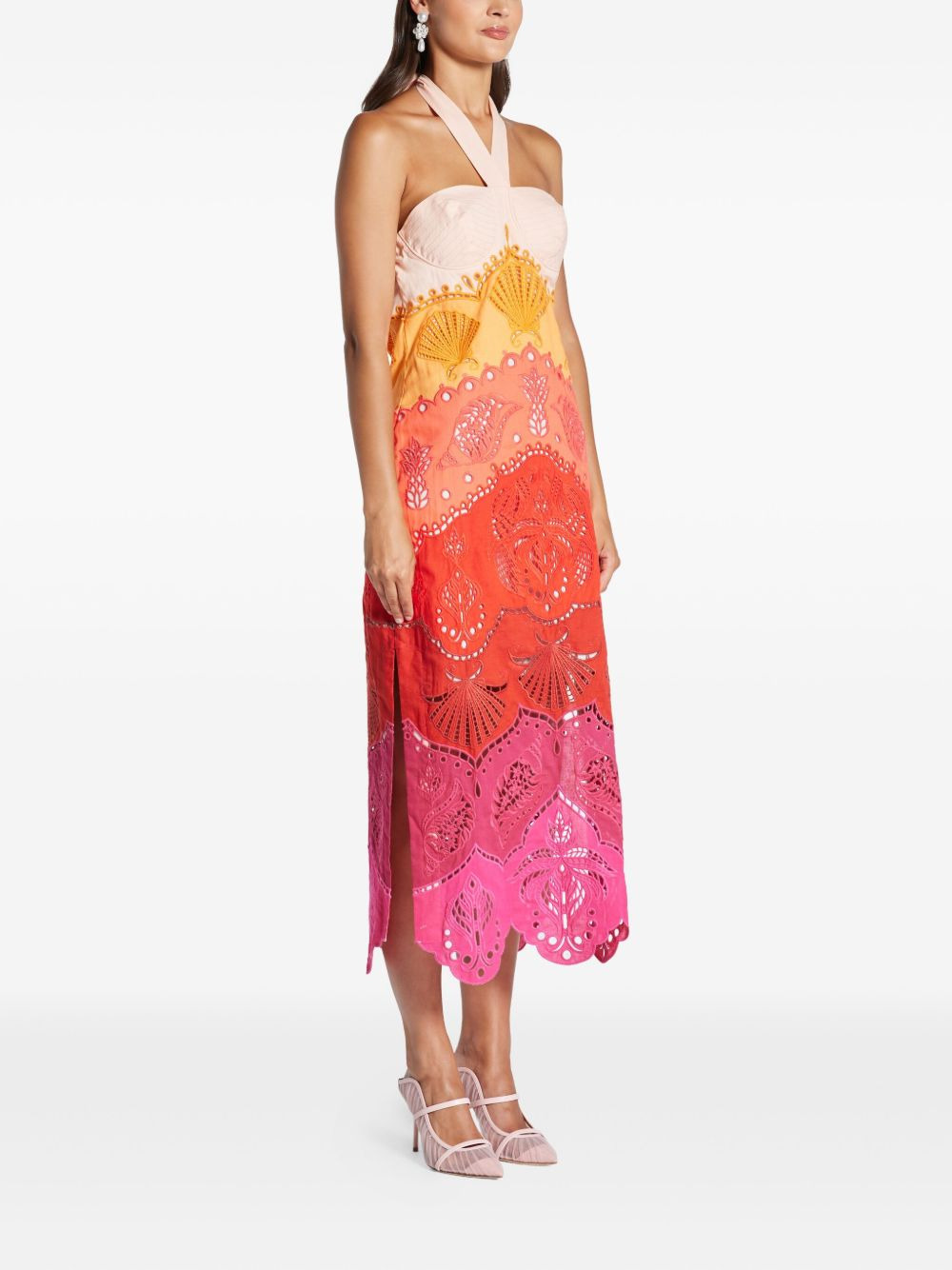 embroidery-eyelet halter-neck midi dress - 3