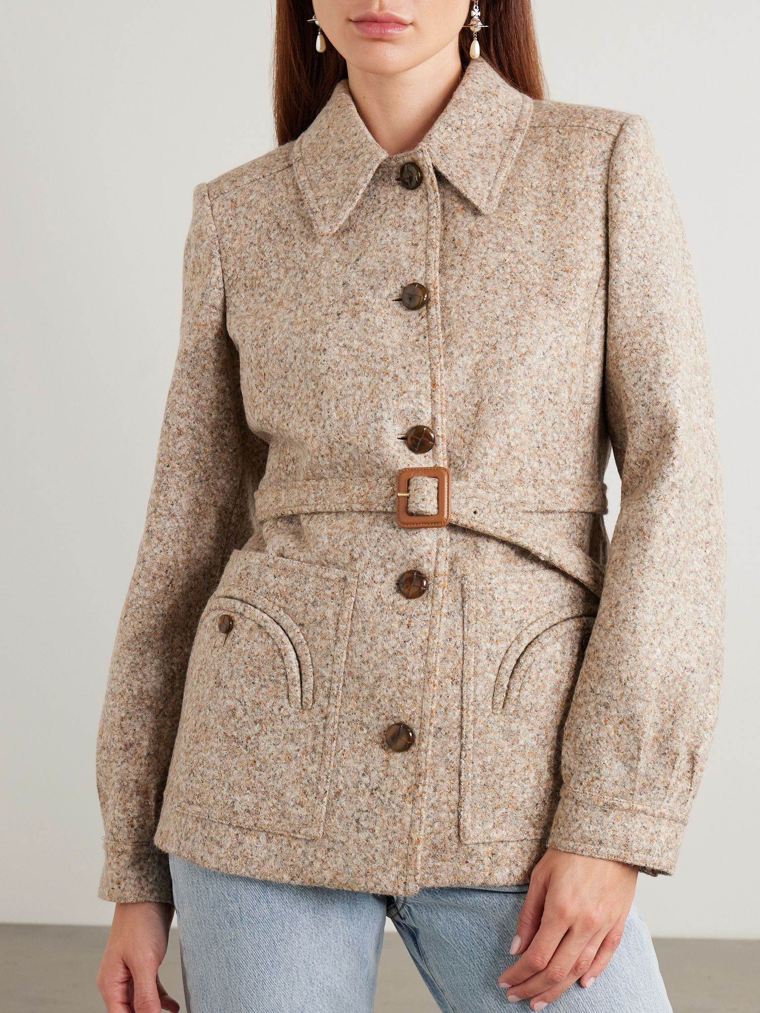 Seanna Paint belted leather-trimmed alpaca and wool-blend jacket Beige - 3