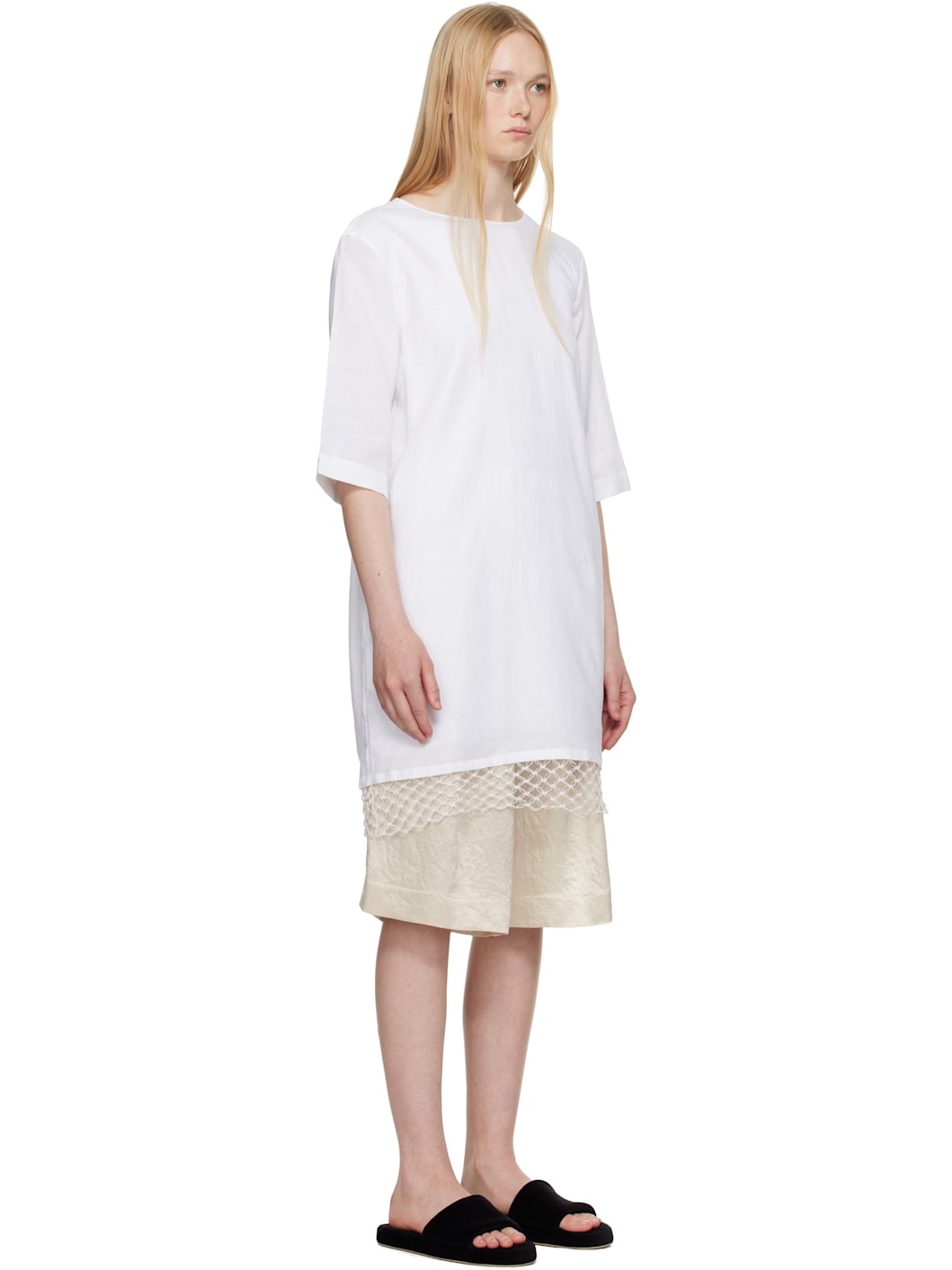 White T-shirt Cocoon Macrame Minidress - 2