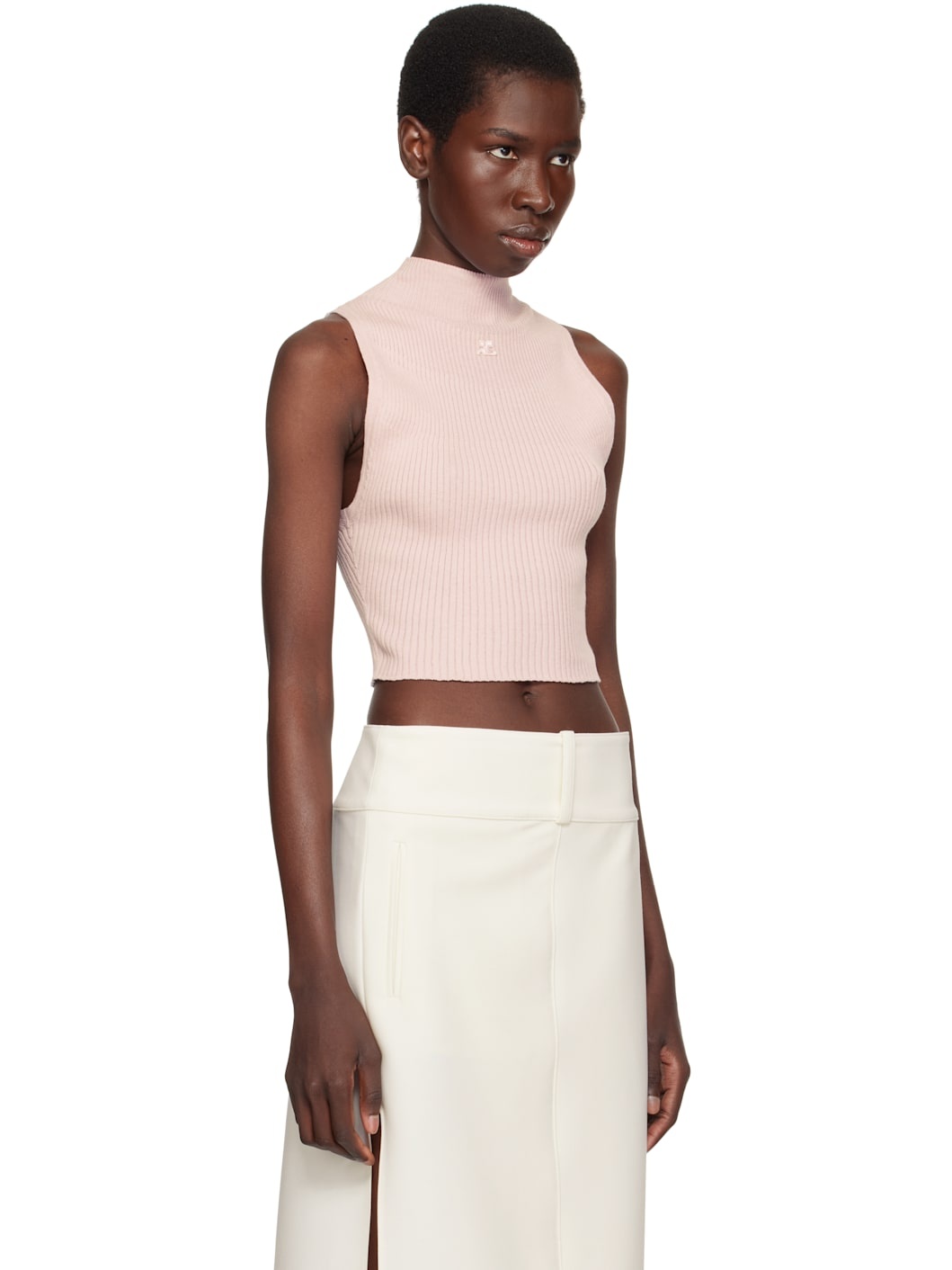 Pink Mockneck Light Rib Cropped Tank Top - 2