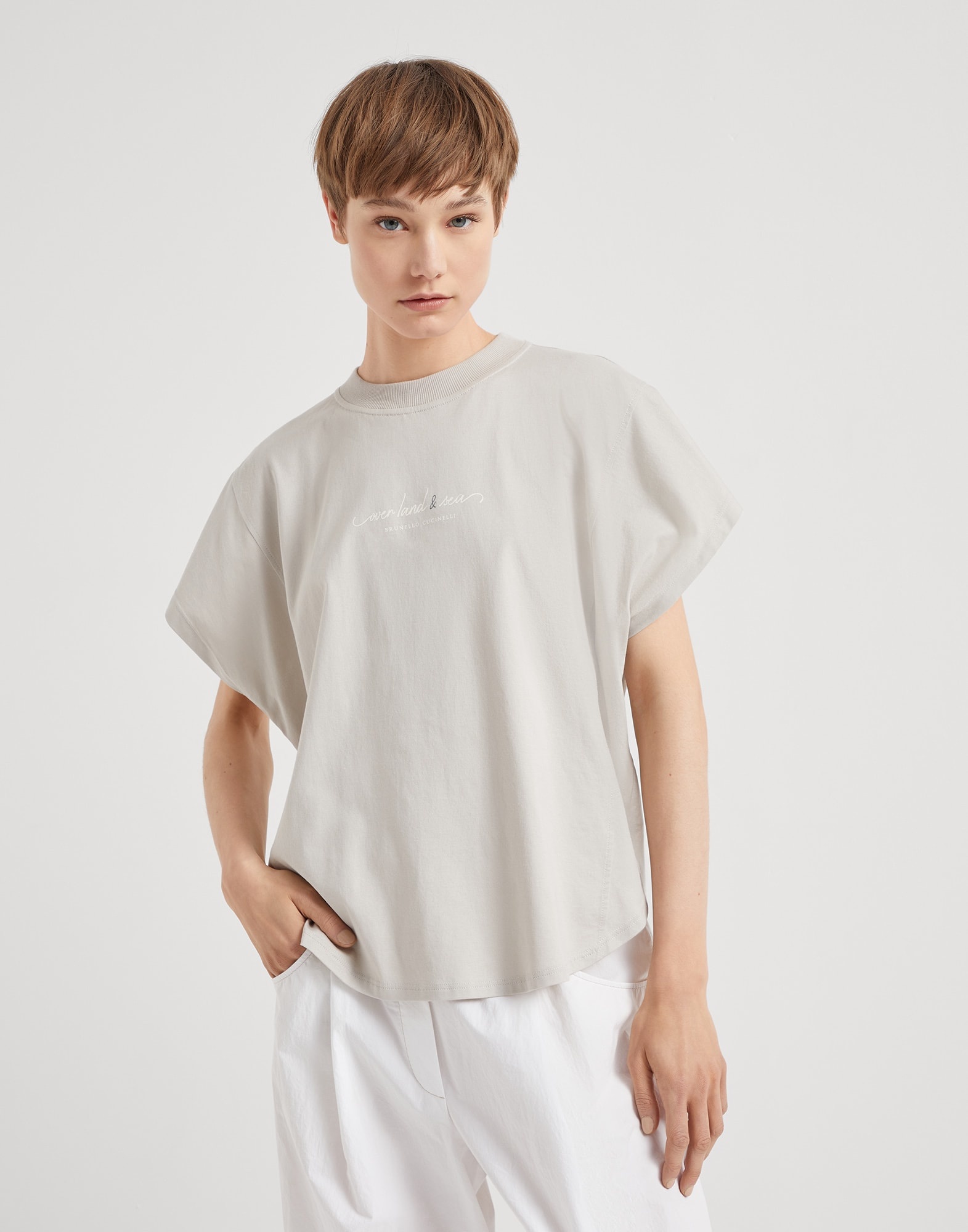 Cotton jersey T-shirt with print and monili - 1