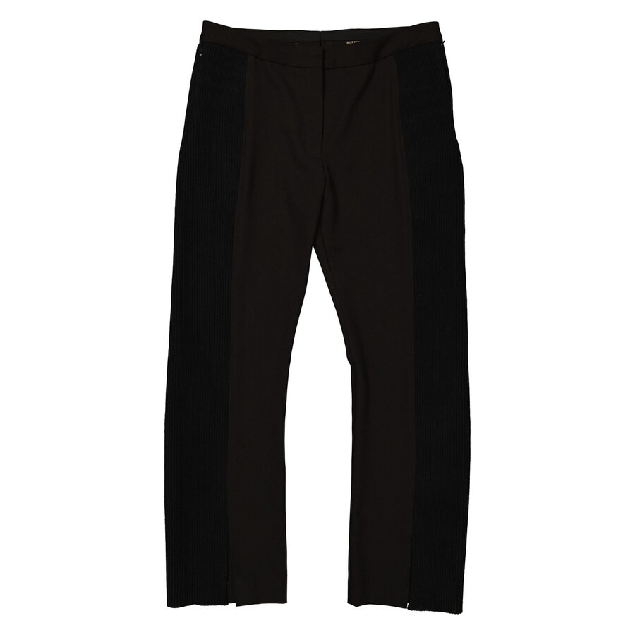 Burberry Ladies Black Ribbed-Panel Flared Wool Trousers - 4