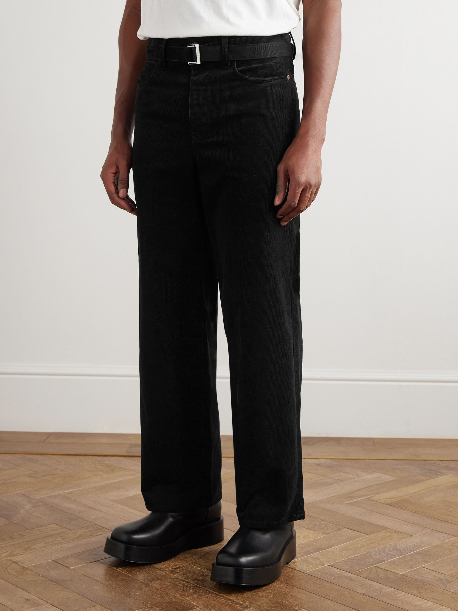 Straight-Leg Belted Cotton-Blend Corduroy Trousers Black - 3