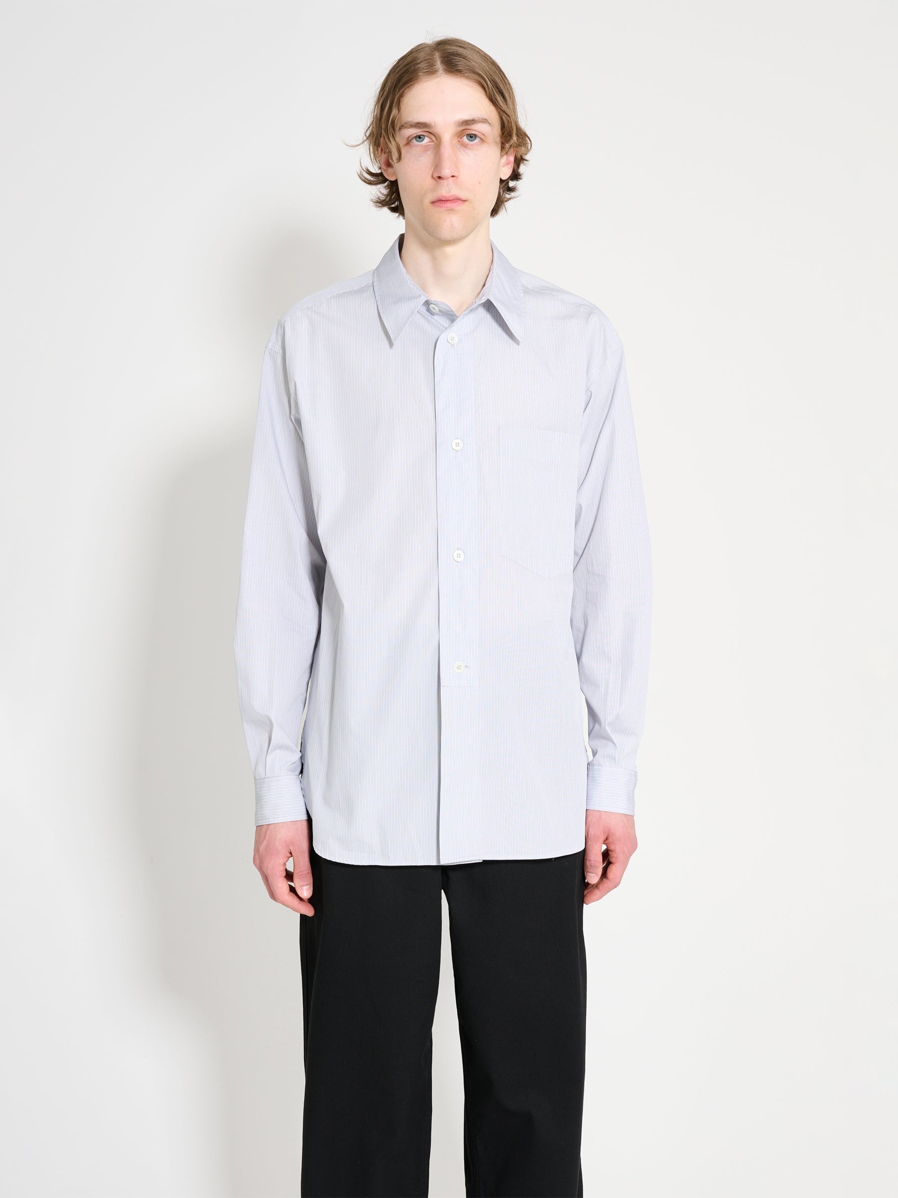 MARGARET HOWELL HALF PLACKET SHIRT FINE STRIPE COTTON POPLIN GREY / WHITE - 1