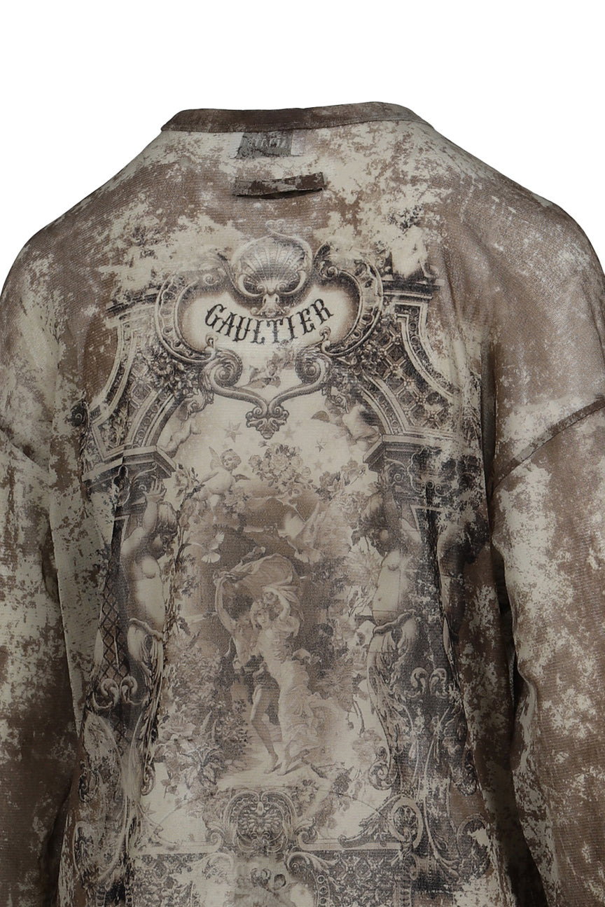 MESH OVERSIZED CREW NECK TOP PRINTED "MEDAILLON" / LT.BEI/TAUPE - 9