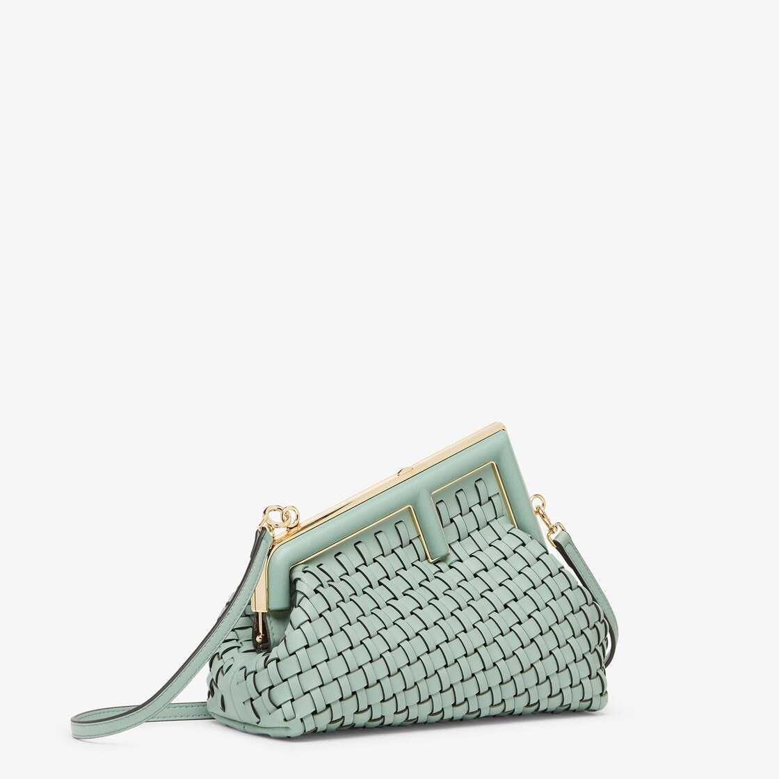 Small Fendi First bag made of finely braided mint green leather, with oversized metal F clasp bound  - 2