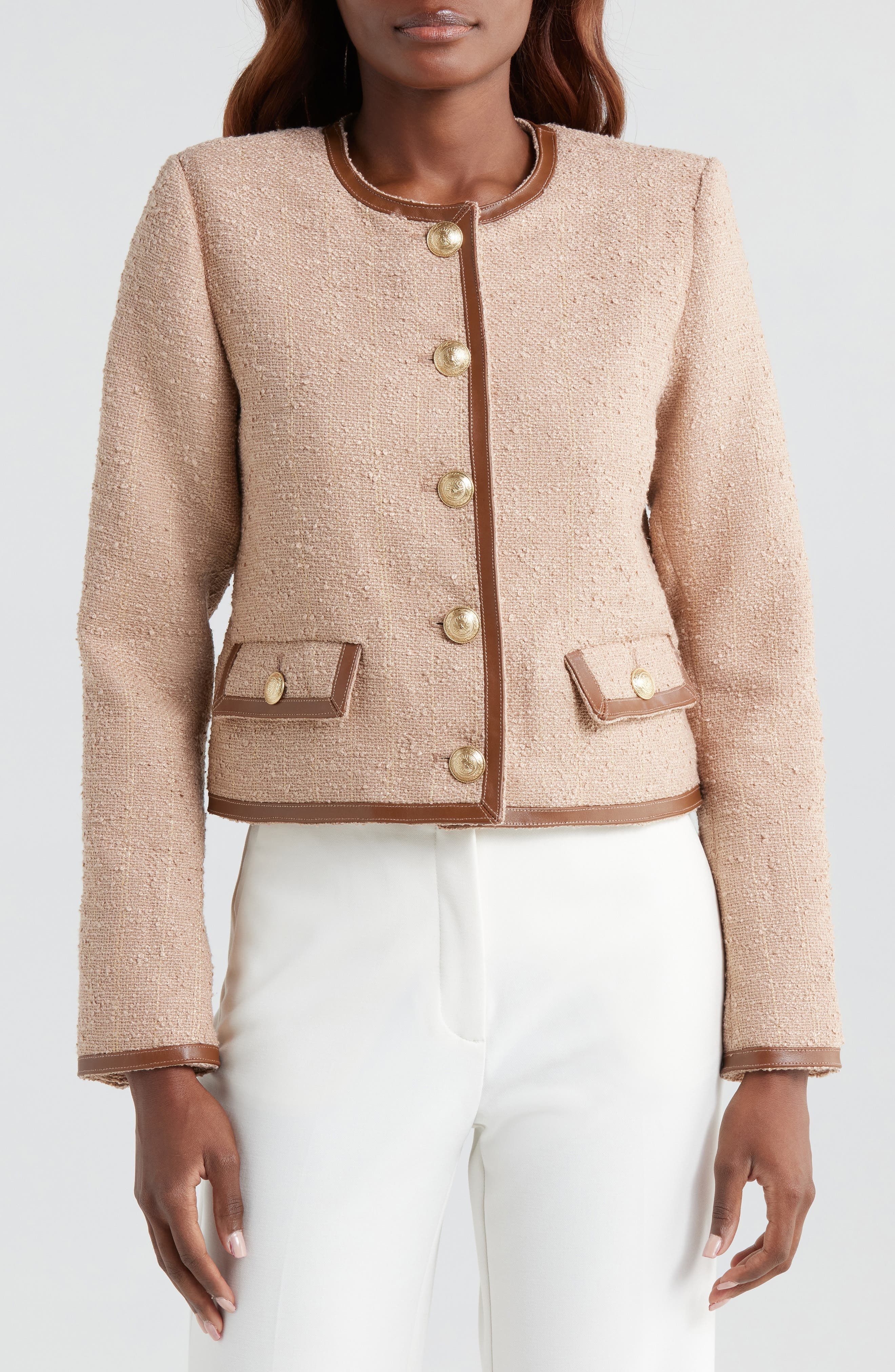 L'AGENCE Zaya Faux Leather Trim Jacket in Cappuccino/Gold Stripe at Nordstrom - 4