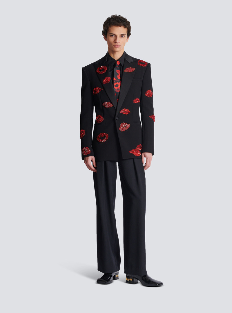 Balmain Crepe 1-button jacket with Kiss embroidery outlook