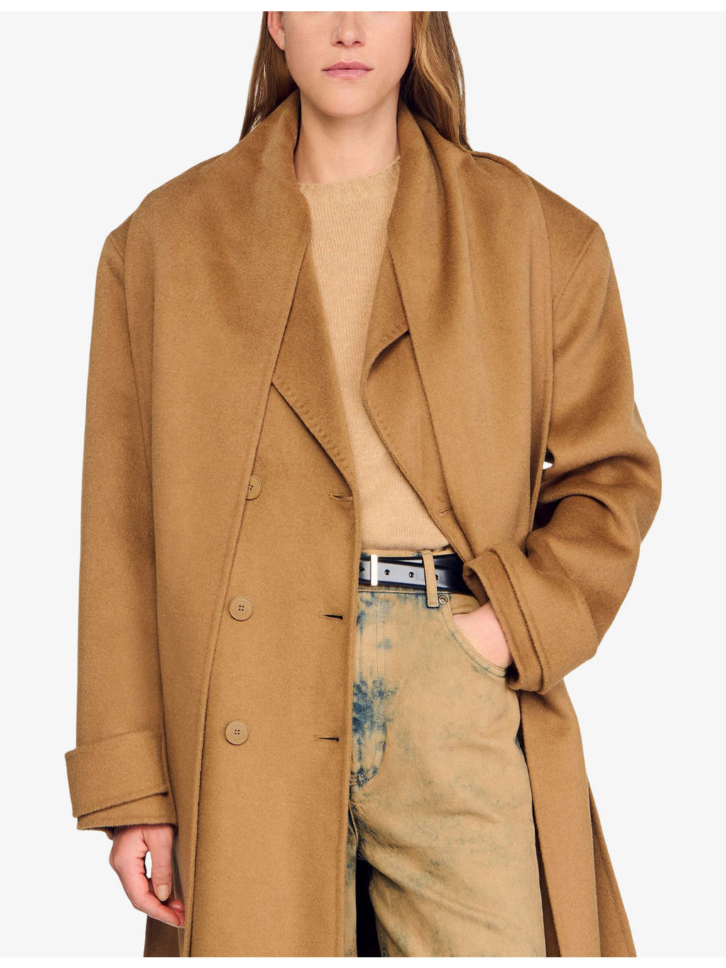 Integrated-scarf relaxed-fit wool coat - 3