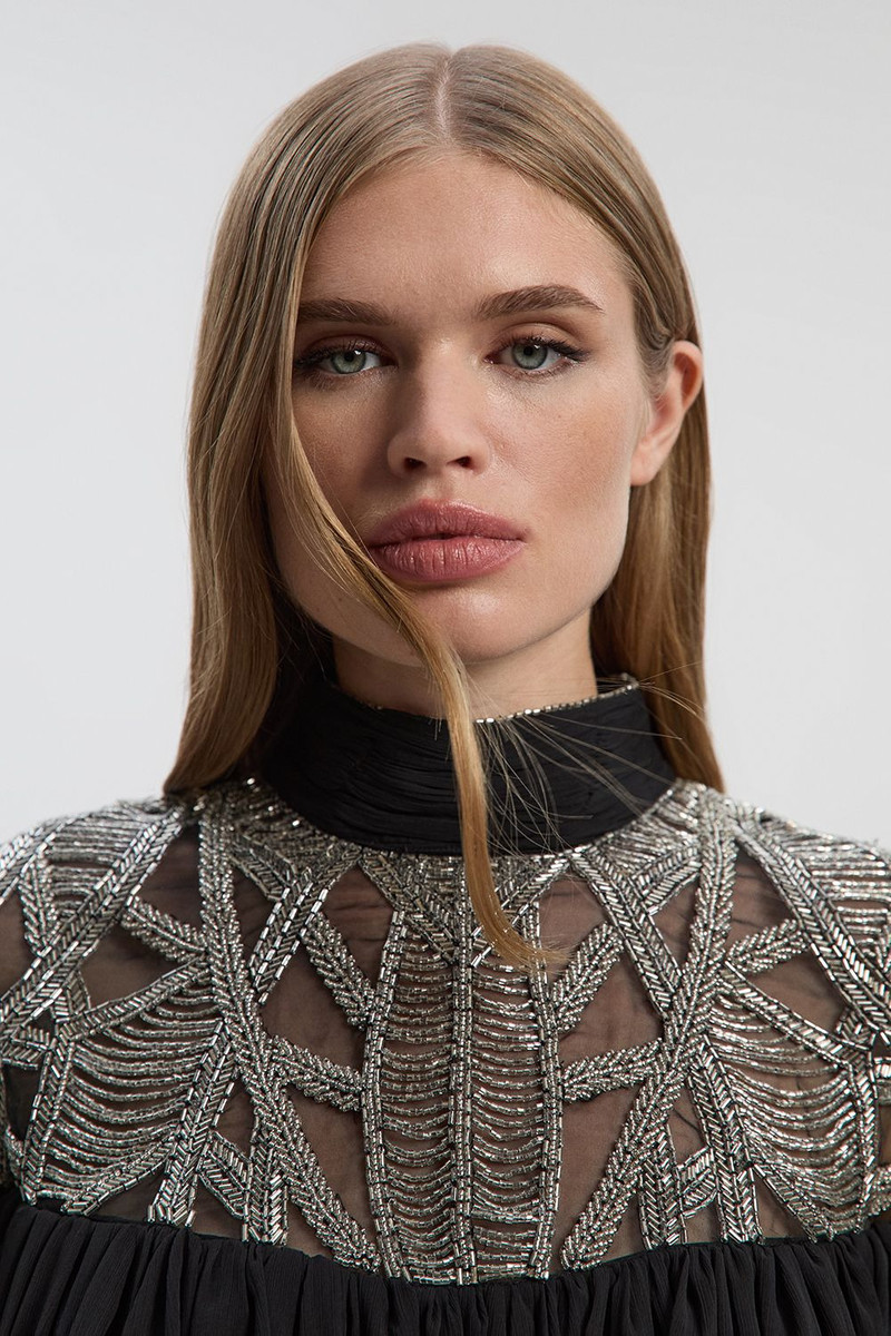 Crystal Embellished Cutwork Cape Detail Woven Drama Blouse 1