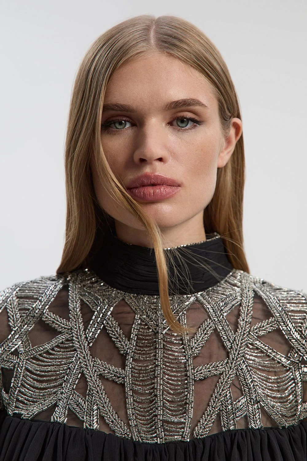 Crystal Embellished Cutwork Cape Detail Woven Drama Blouse - 1