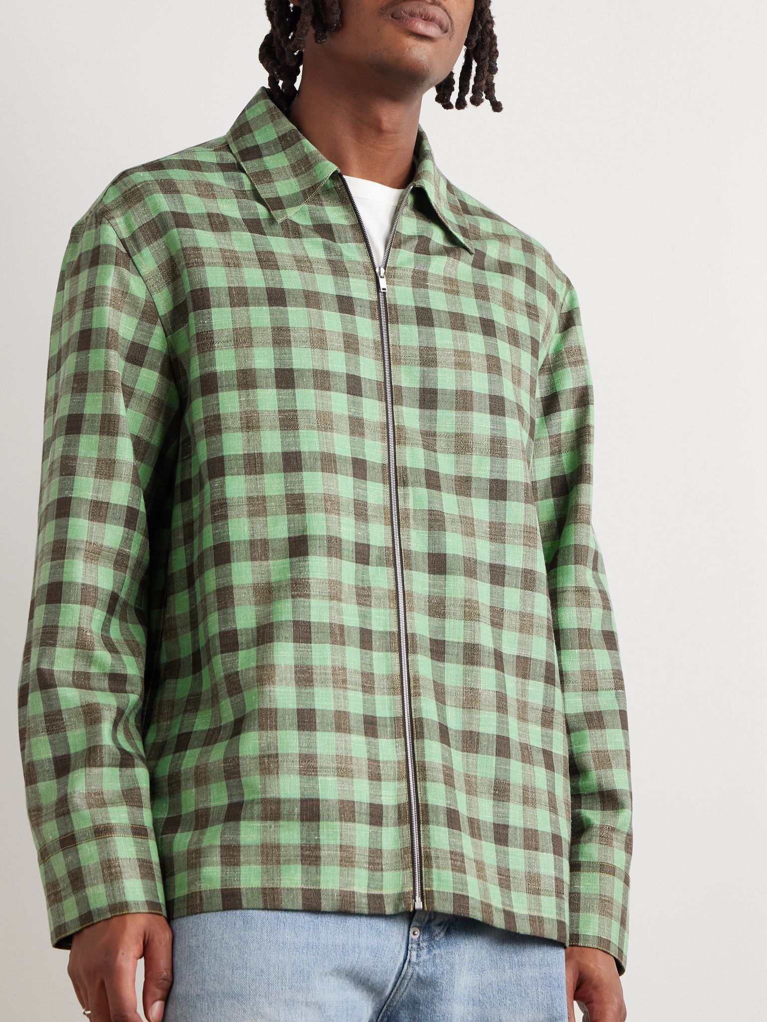 Checked Woven Zip-Up Shirt Green - 3