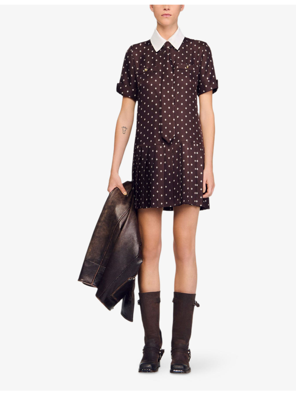 Geometric-Print Contrast-Collar Satin Mini Dress - 2