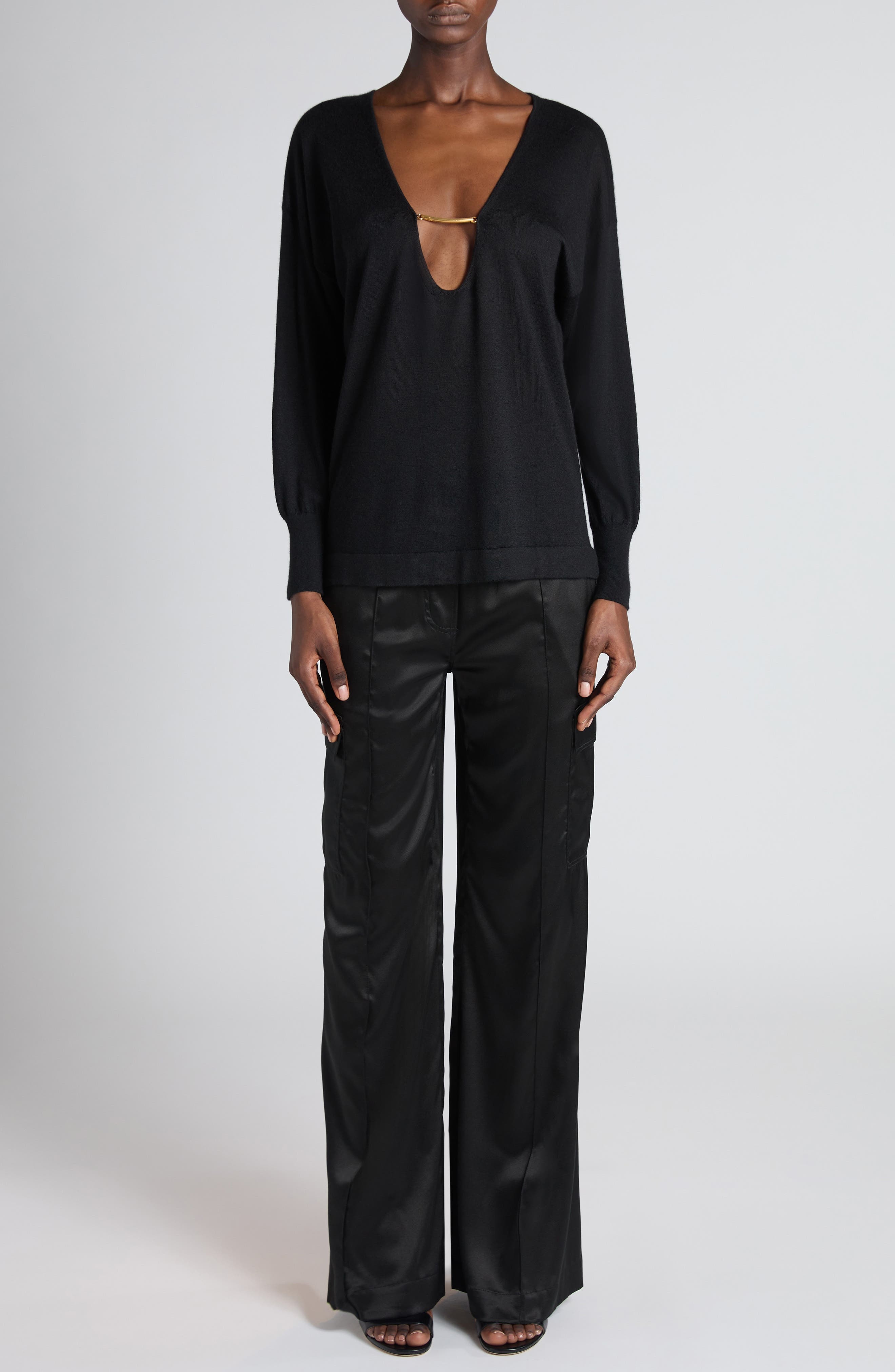 TOM FORD Stretch Silk Satin Flare Leg Cargo Pajama Pants in Black at Nordstrom - 2