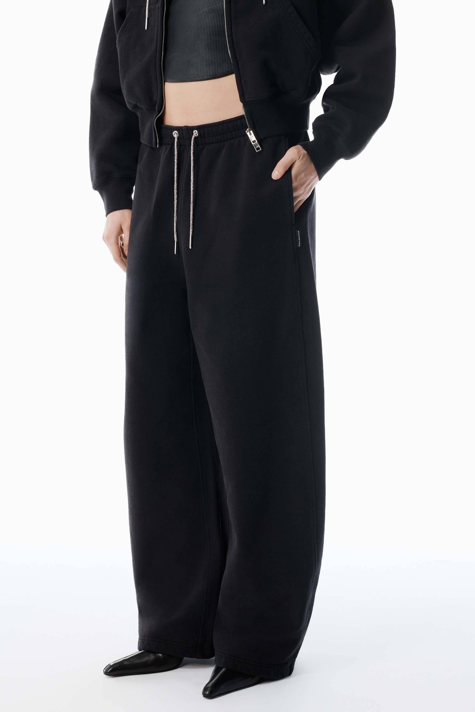 Black Cotton Terry Sweatpant with Crystal Hotfix Drawcord - 3
