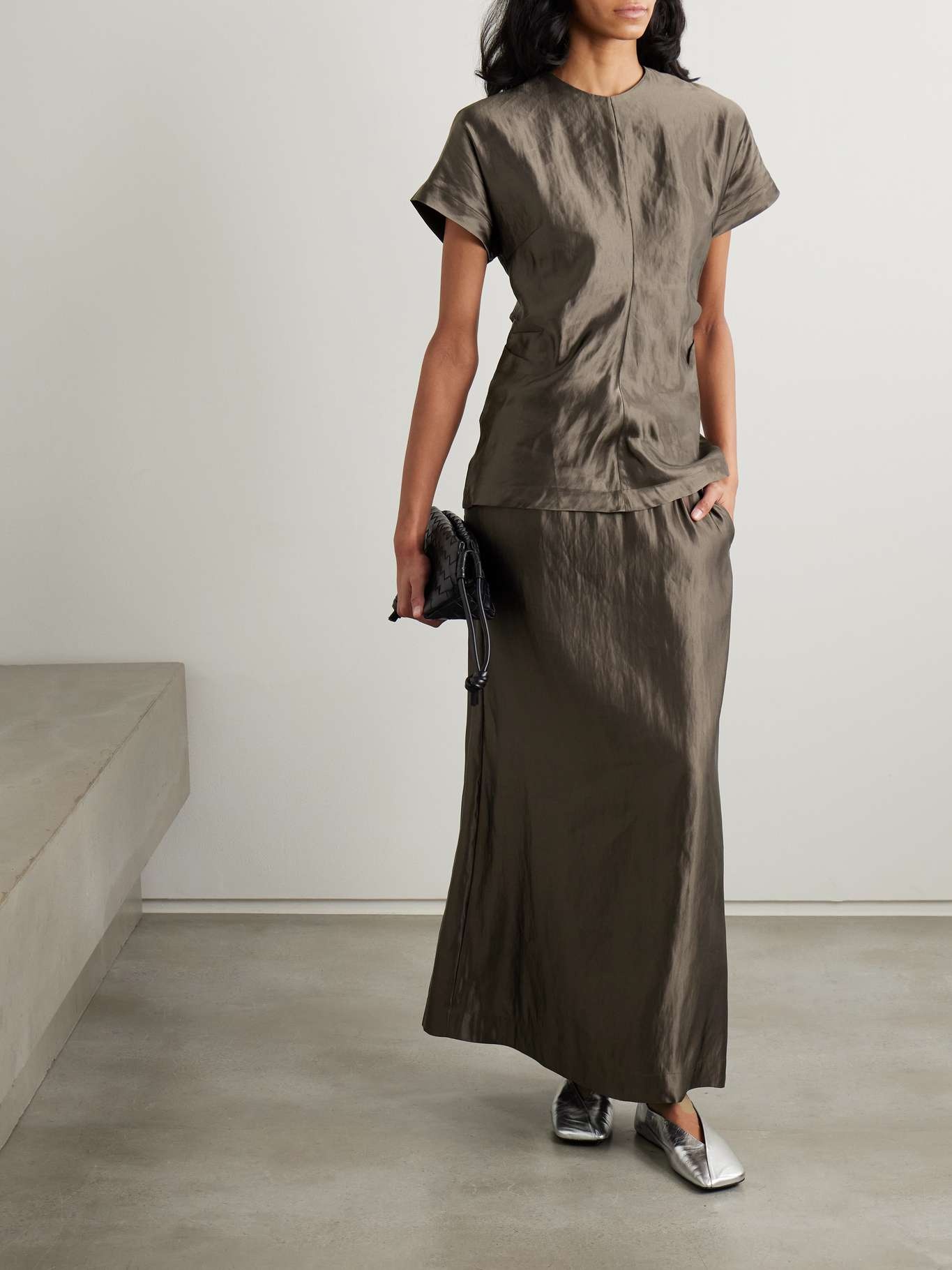 Draped linen and silk-blend satin blouse Taupe - 2