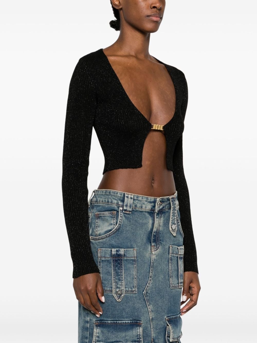 metallic-knitted cropped cardigan - 3