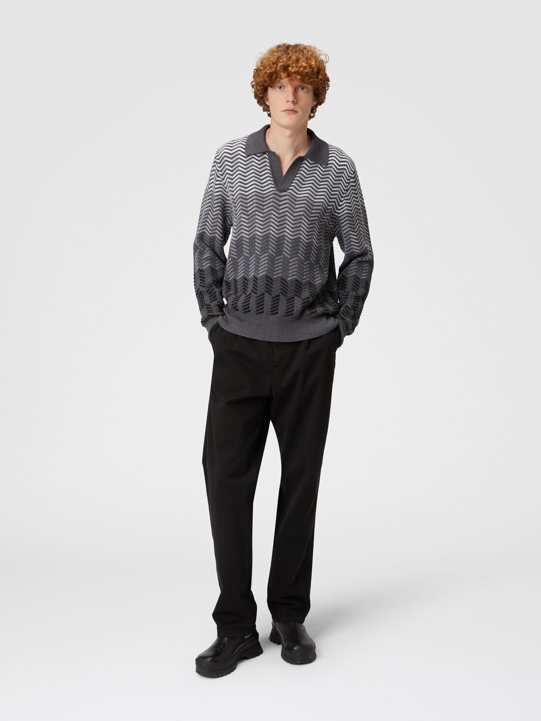 Long-sleeved polo shirt in zigzag virgin wool - 2