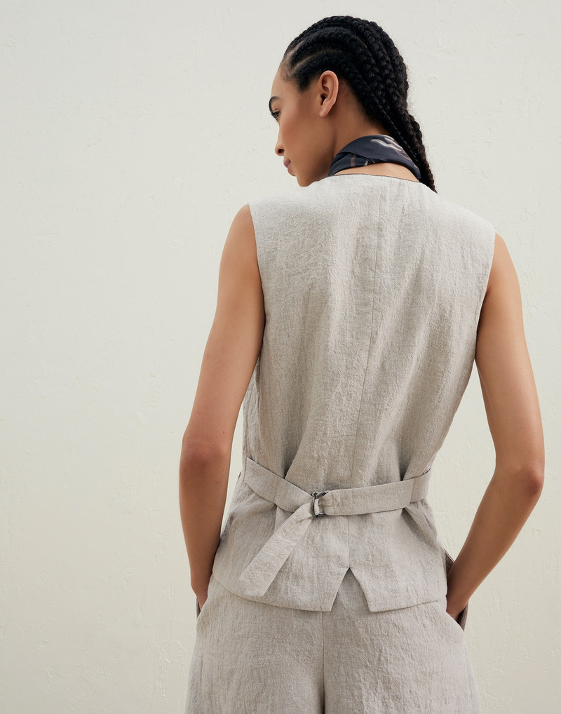 Brunello Cucinelli Wrinkled délavé linen waistcoat with monili and marine flower foulard outlook