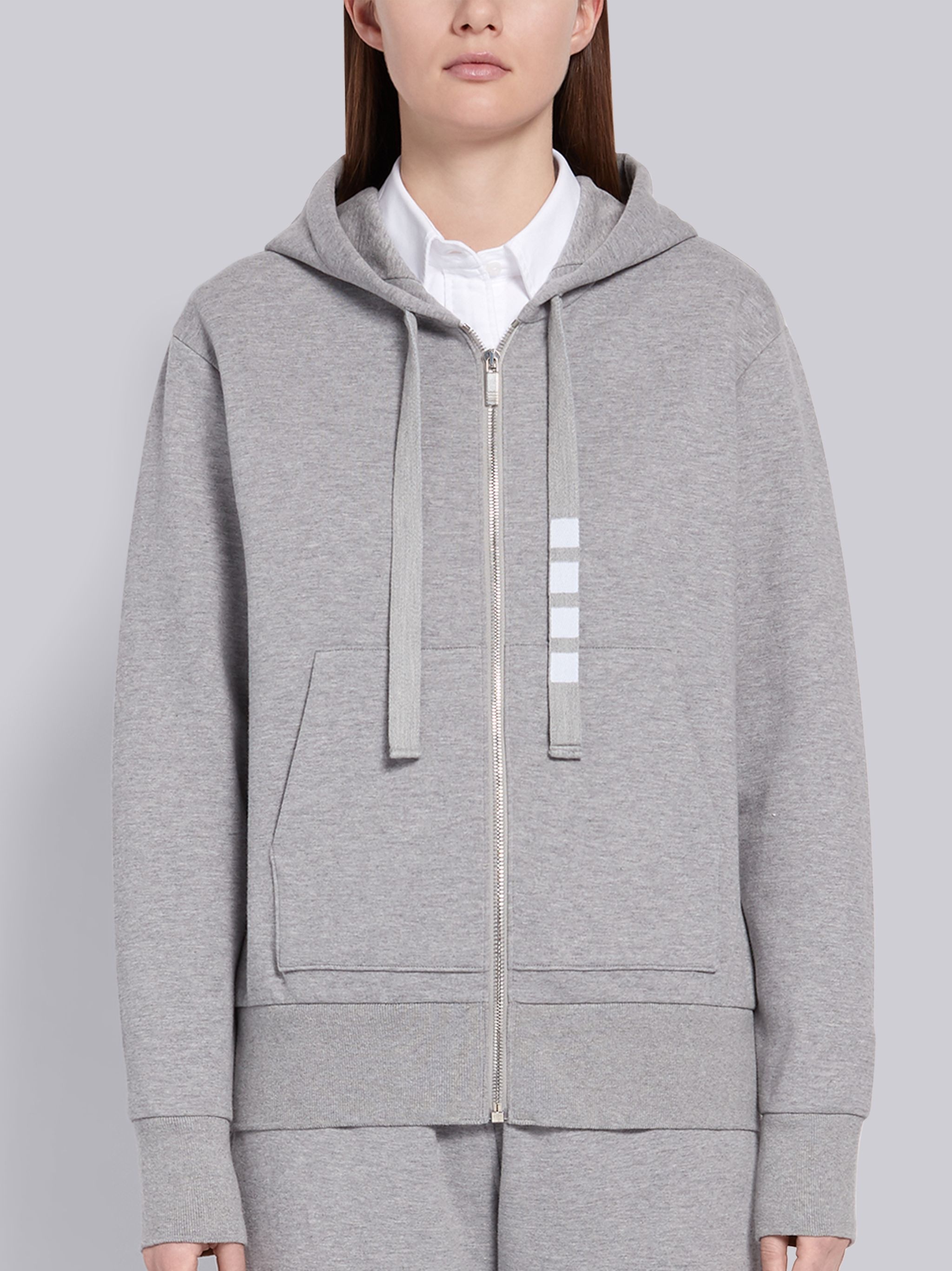 Light Grey Compact Double Knit Cotton Zip-up 4-Bar Hoodie - 1