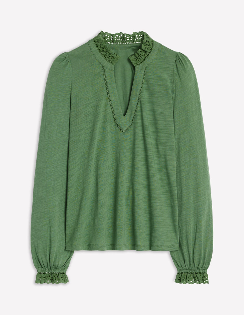 Aria Broderie Notch Neck Top-Newt Green 1
