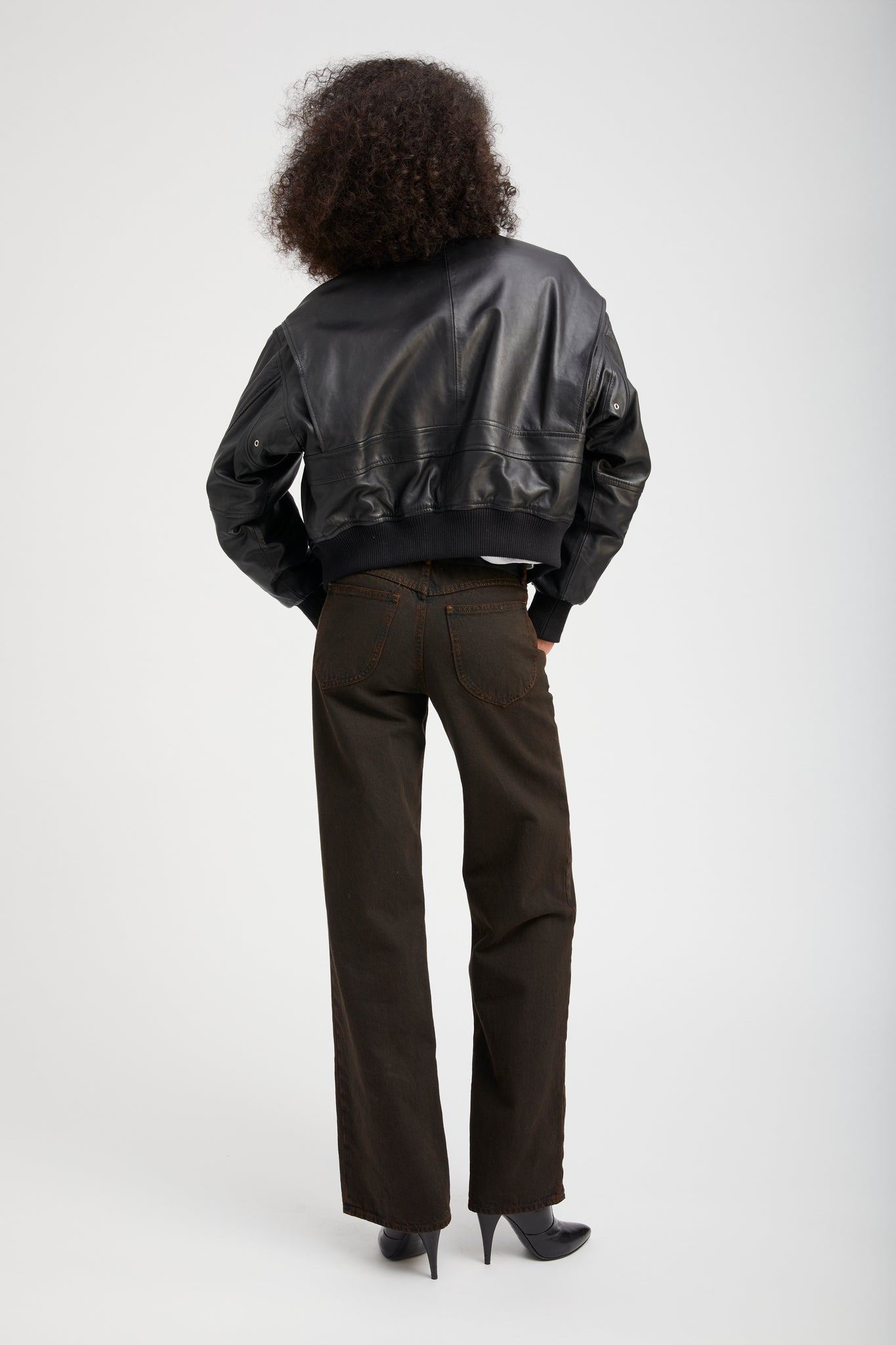 BLACK LEATHER CROPPED AVIATOR BOMBER - 4
