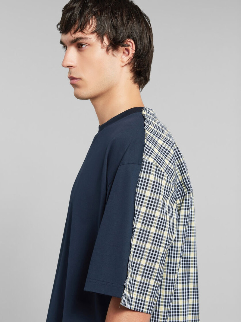 DEEP BLUE BIO COTTON T-SHIRT WITH CHECKED BACK 4
