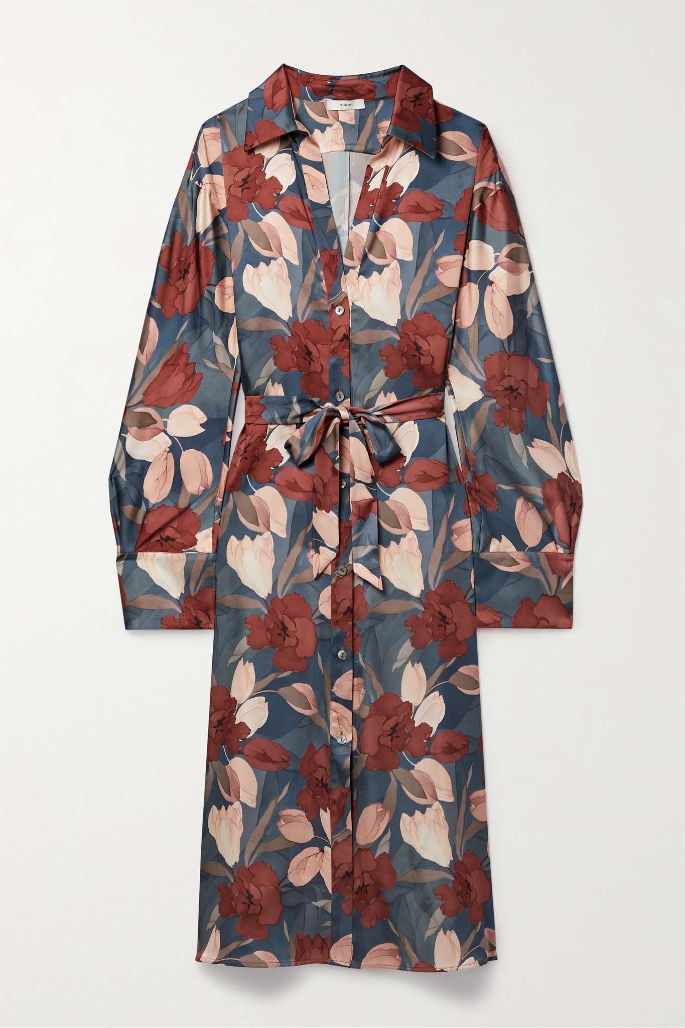 Nouveau floral-print belted charmeuse midi shirt dress - 1