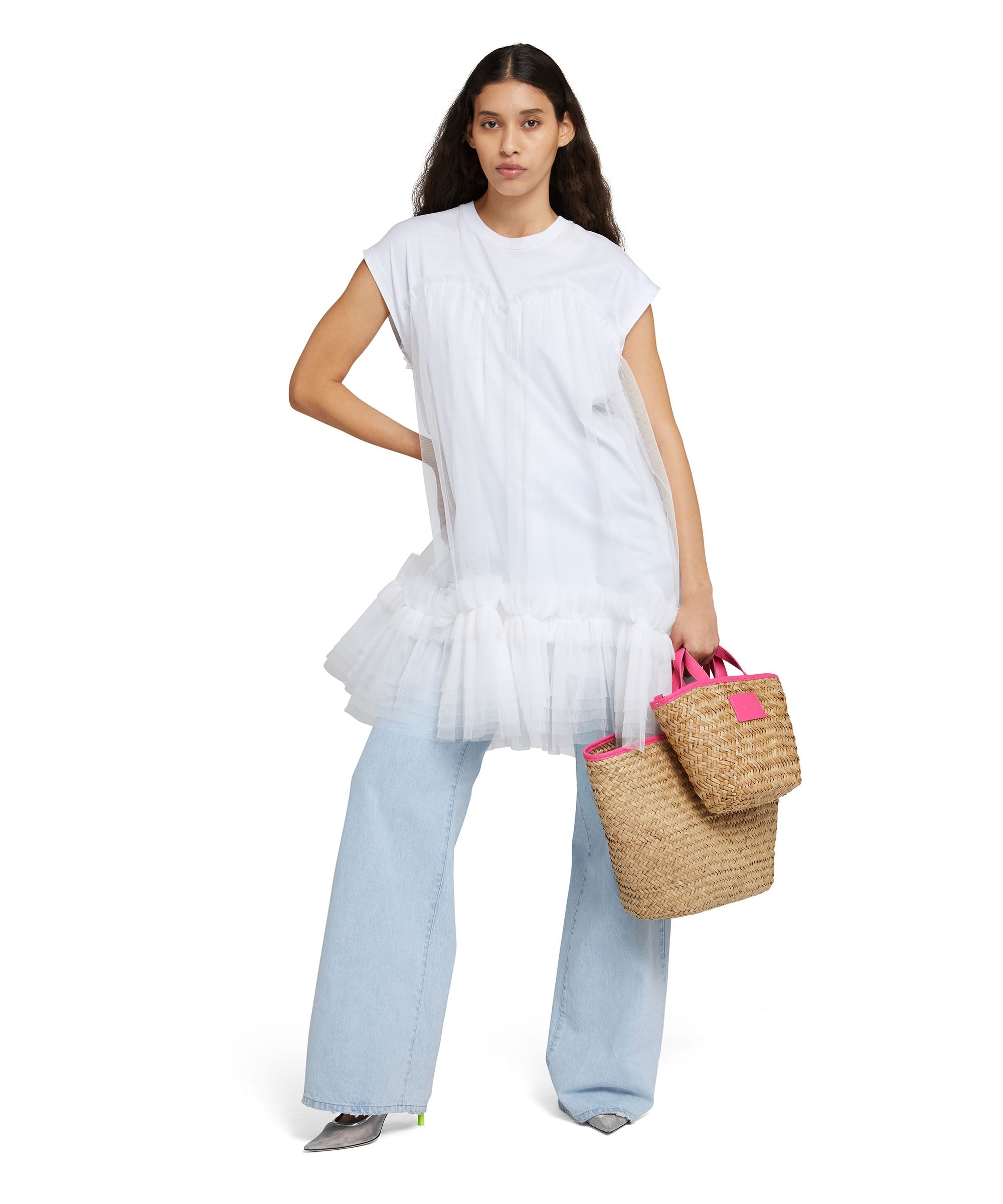 Short-sleeve cotton mini dress with tulle details - 5