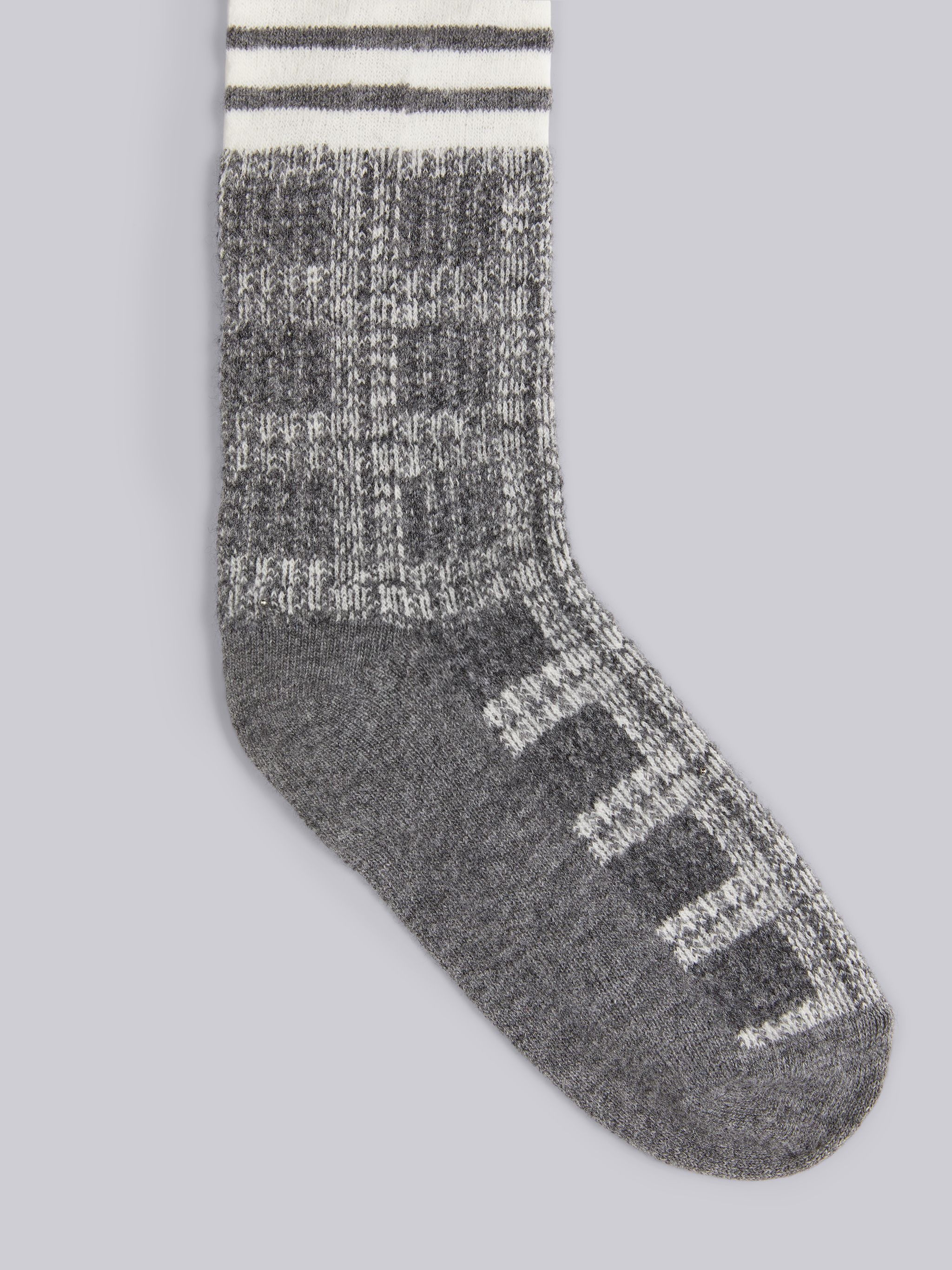 Tonal Grey Grid Windowpane Check Baby Merino Jacquard 4-Bar Stripe Over-the-calf Socks - 2