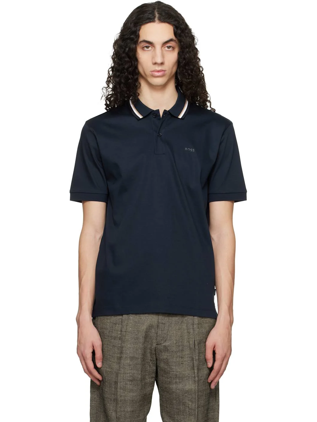 Navy Striped-Collar Slim-Fit Cotton Logo Polo - 1