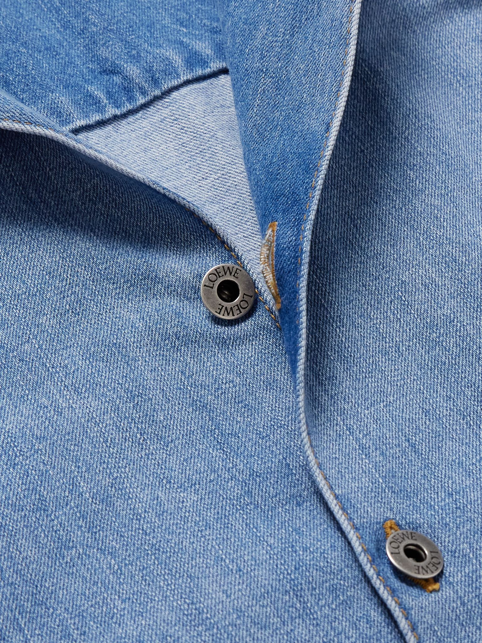 Camp-Collar Cutout Frayed Denim Shirt Blue - 4