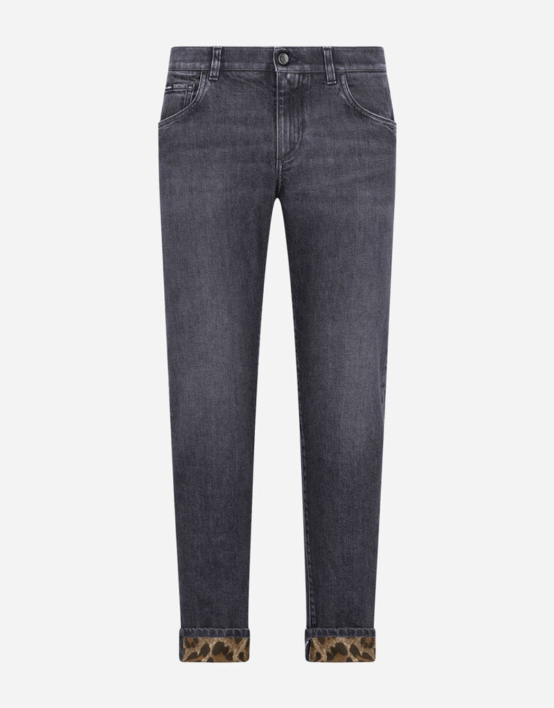 Blue wash slim-fit stretch jeans with leopard print 3