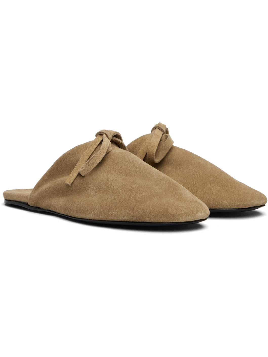 Beige Bow Suede Slippers - 4