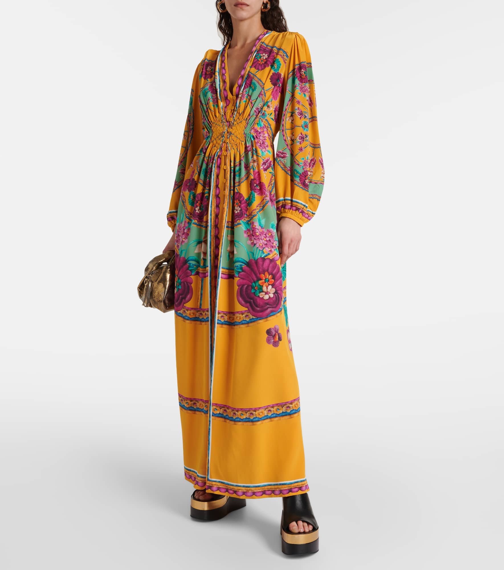 Floral balloon-sleeve silk satin gown - 2
