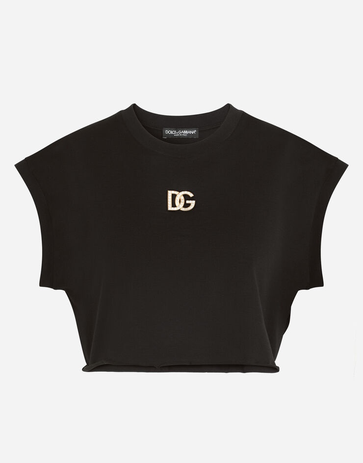 Cropped jersey T-shirt with crystal DG embellishment - 3