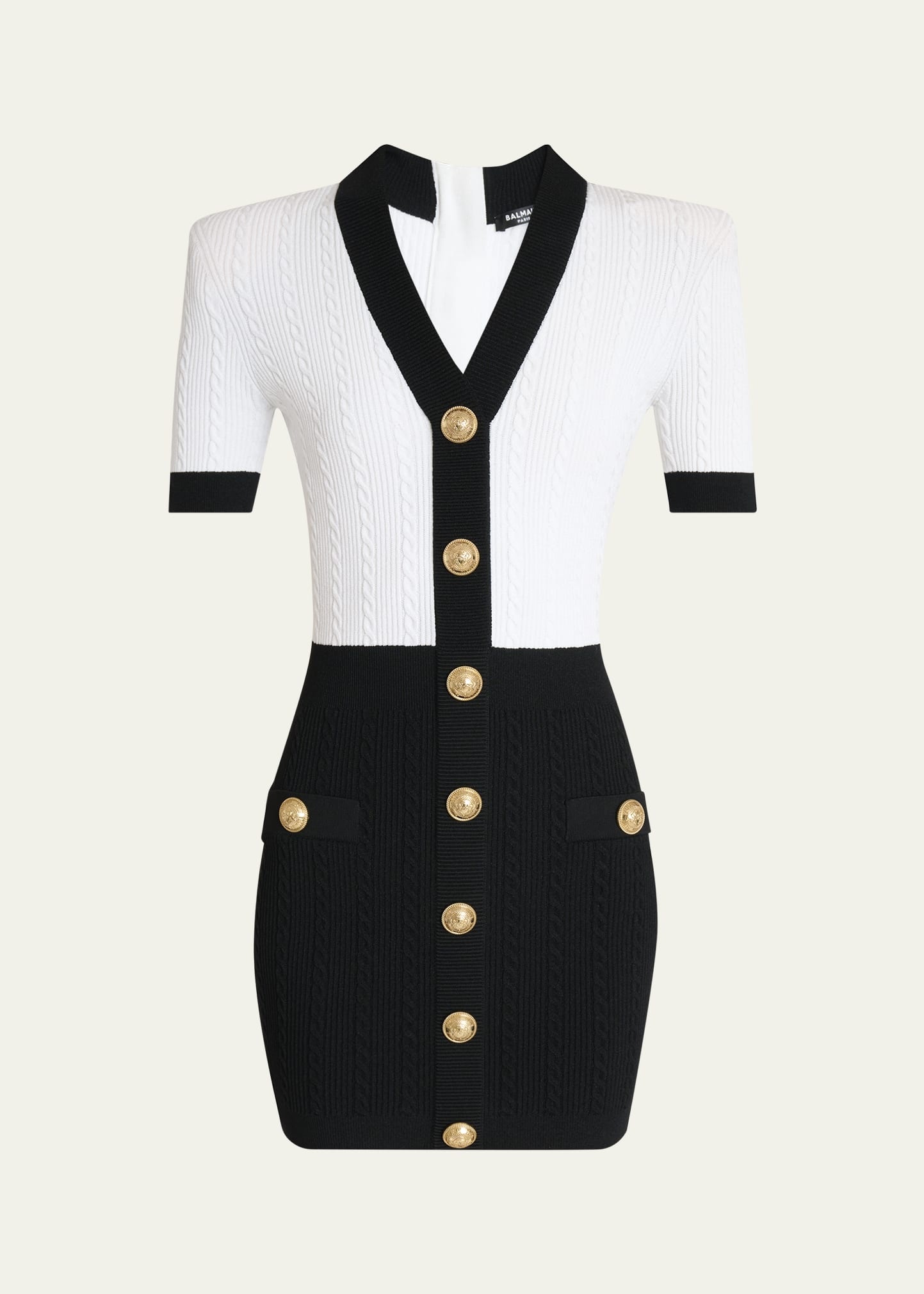 V-Neck Buttoned Strong-Shoulder Torsade Knit Mini Dress - 1
