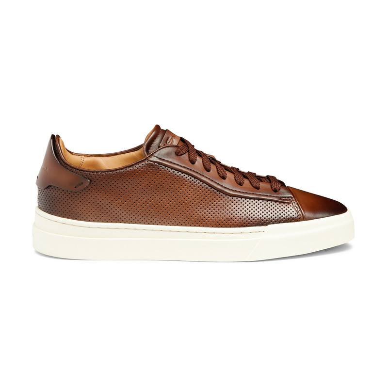 Men's polished brown leather perforated-effect sneaker 1