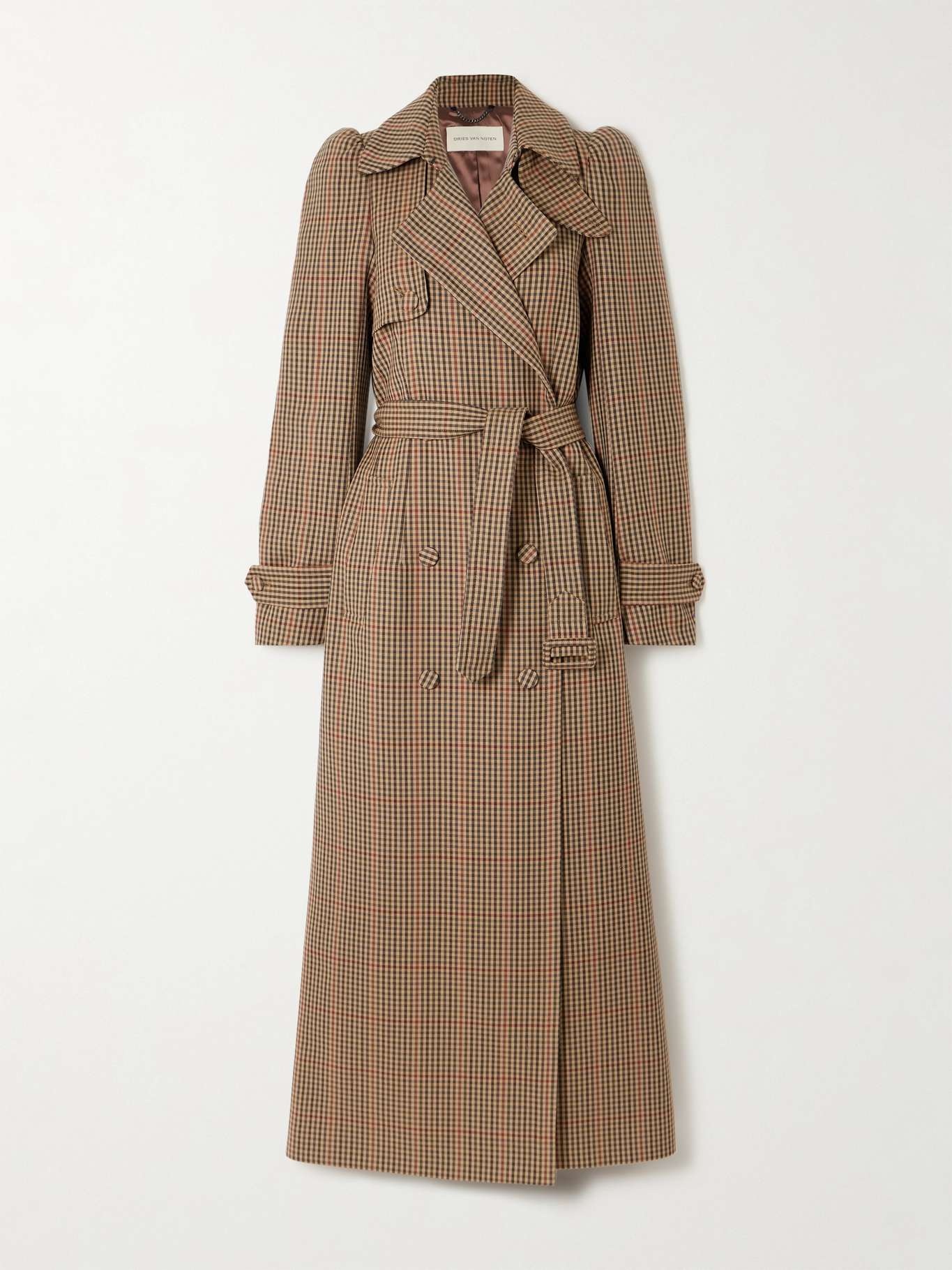 Belted double-breasted checked wool trench coat - 1