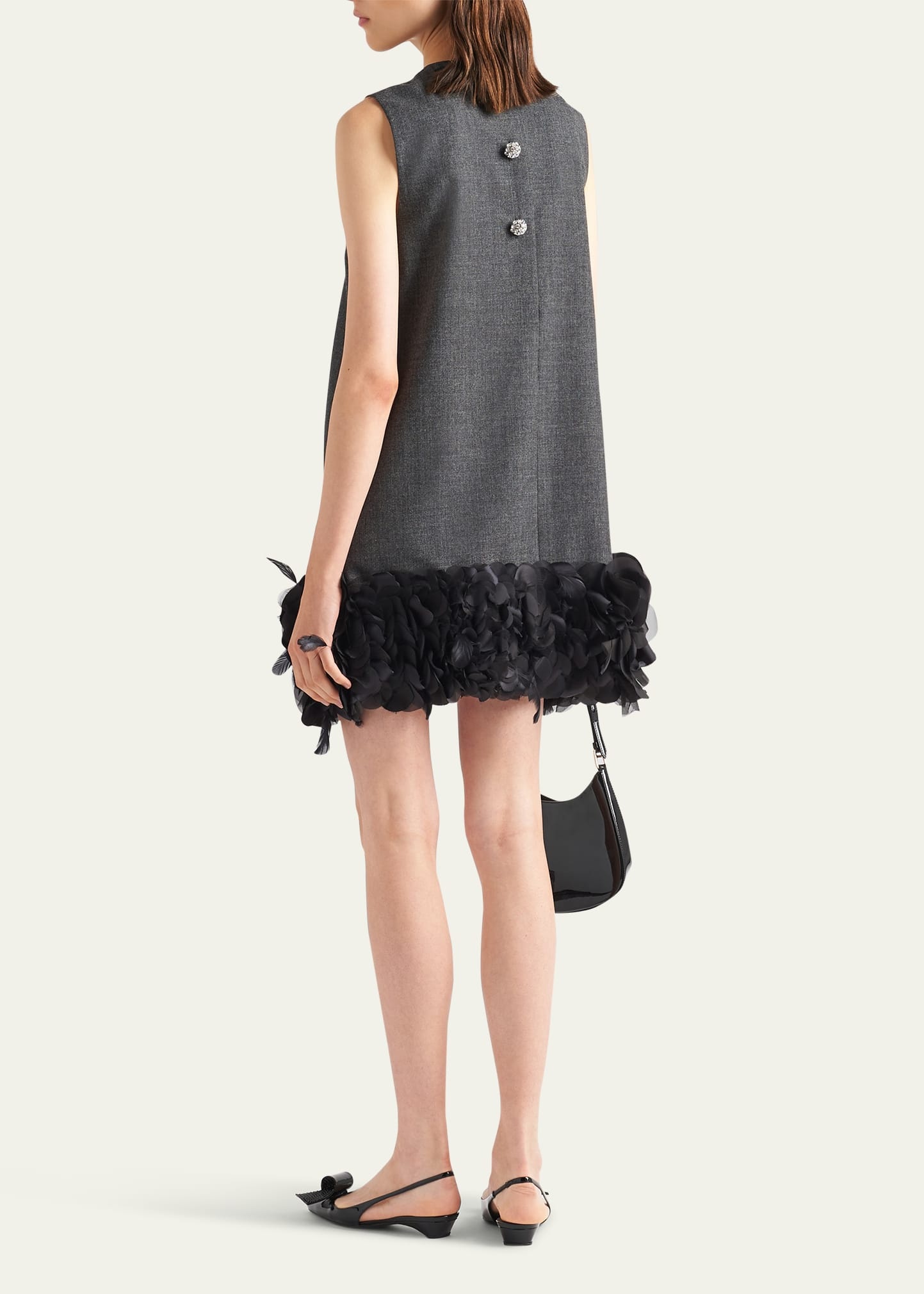 Mat Feather-Hem Mini Dress with Crystal Buttons - 3