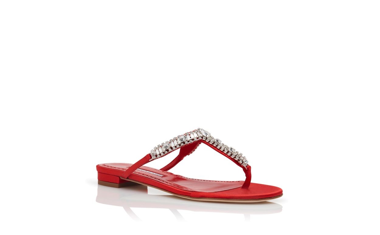 Red Satin Jewel Embellished Flat Sandals - 3