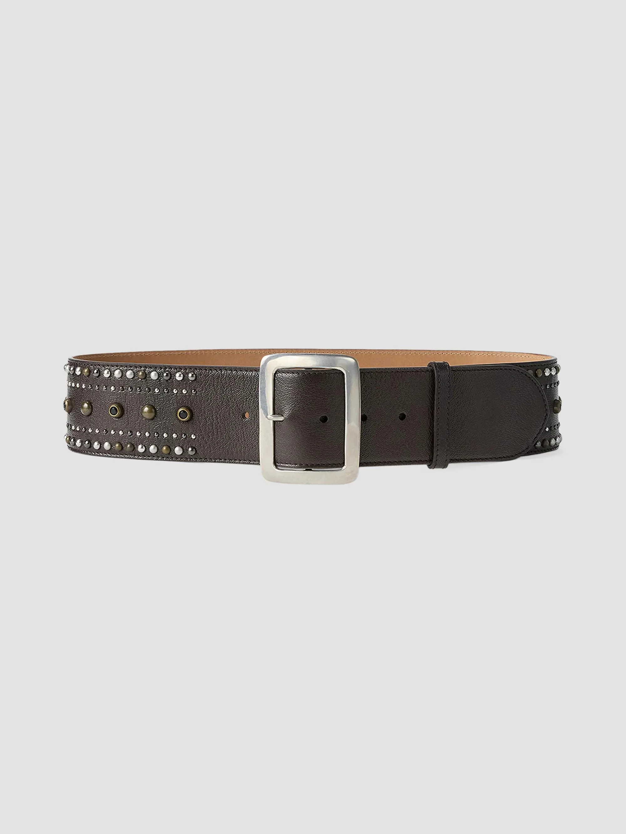 Women's Square-Buckle Studded Leather Wide Belt - Luggage Brown - 1