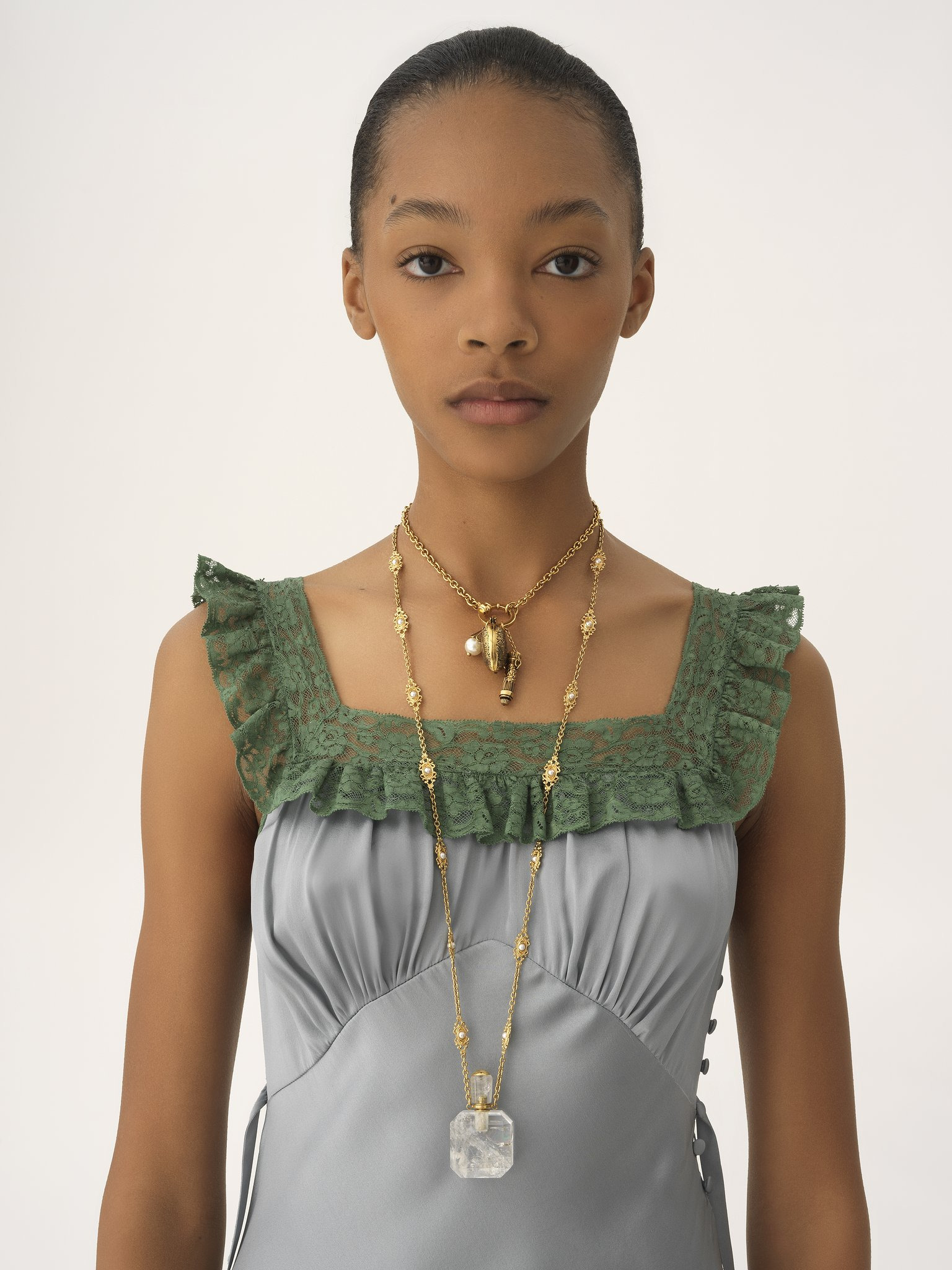 SLEEVELESS COLUMN DRESS IN WASHED SILK SATIN & LACE - 6