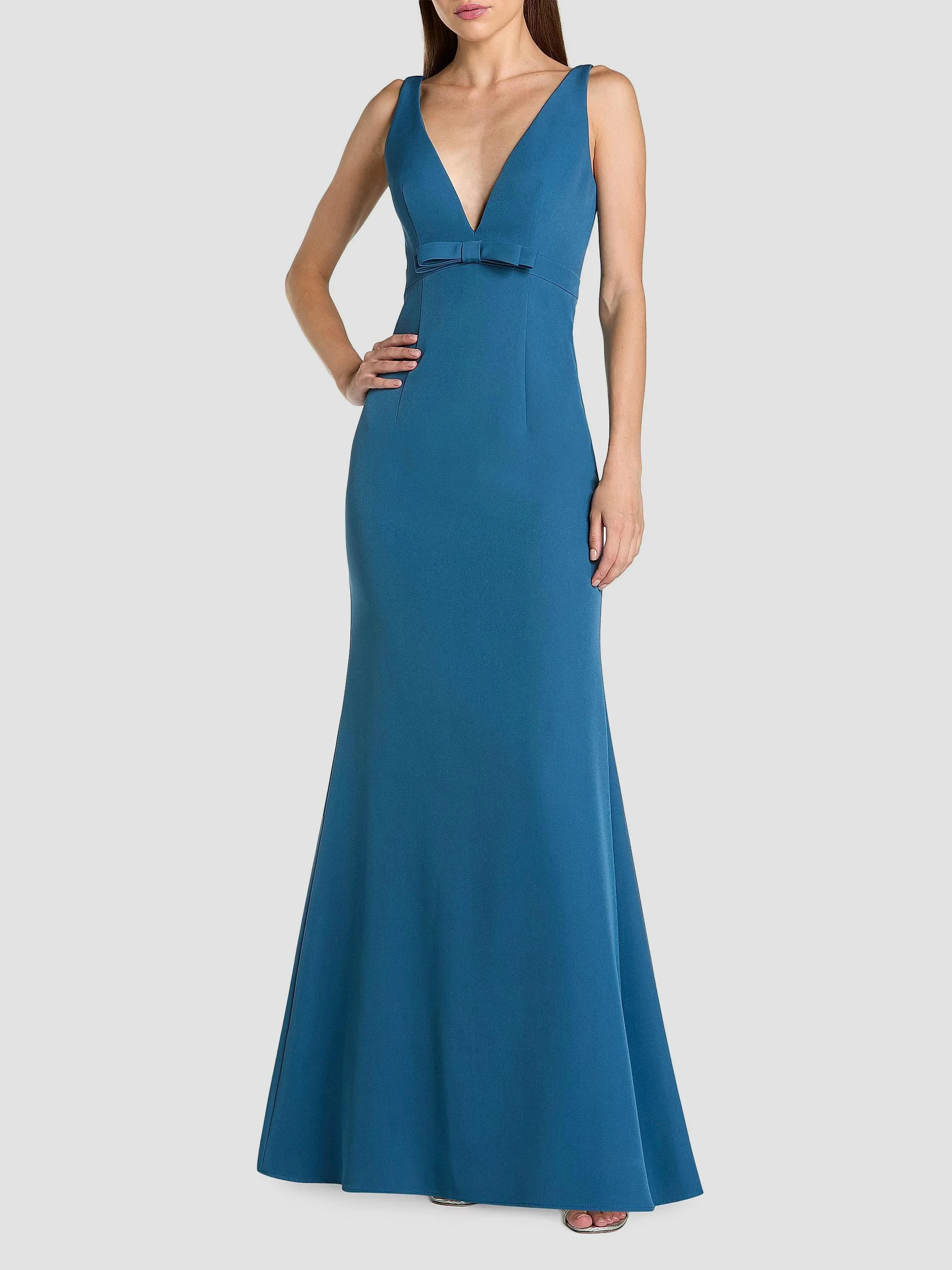 Women's Bow Crepe Sleeveless Mermaid Gown - Ocean - 1